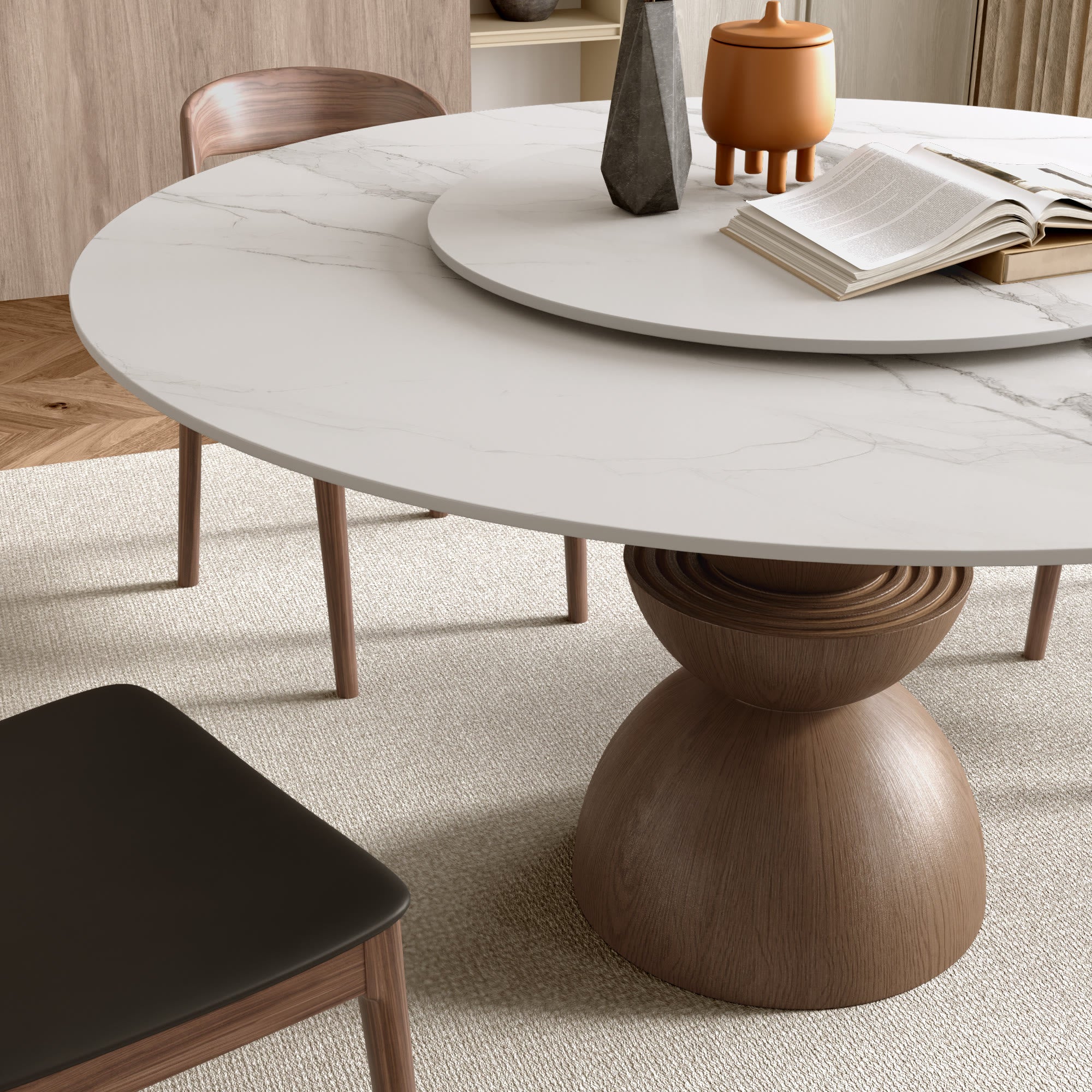 Mira Solid Wood Pedestal Round Dining Table with White Glossy Stone Top & Removable Lazy Susan - image 7