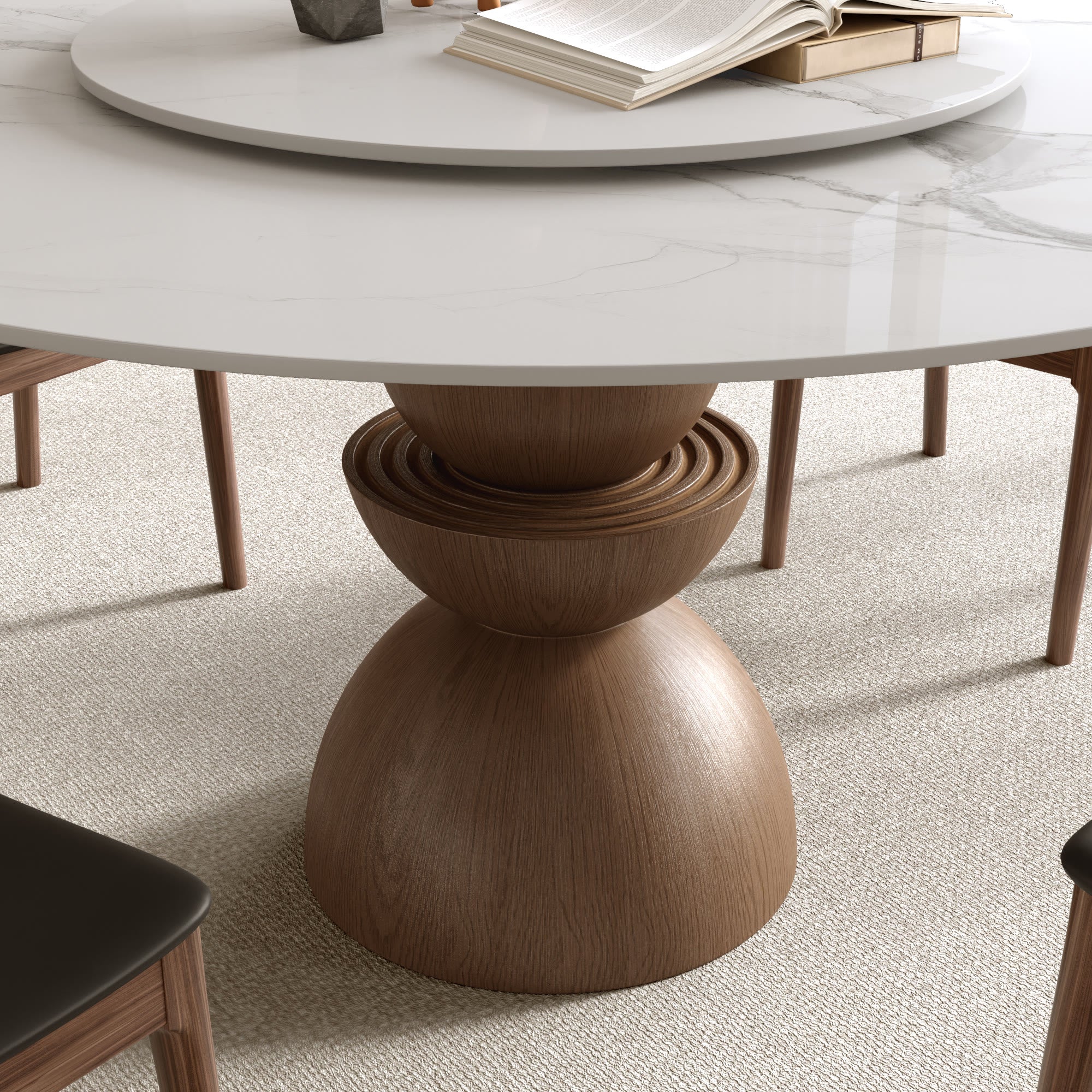 Mira Solid Wood Pedestal Round Dining Table with White Glossy Stone Top & Removable Lazy Susan - image 2