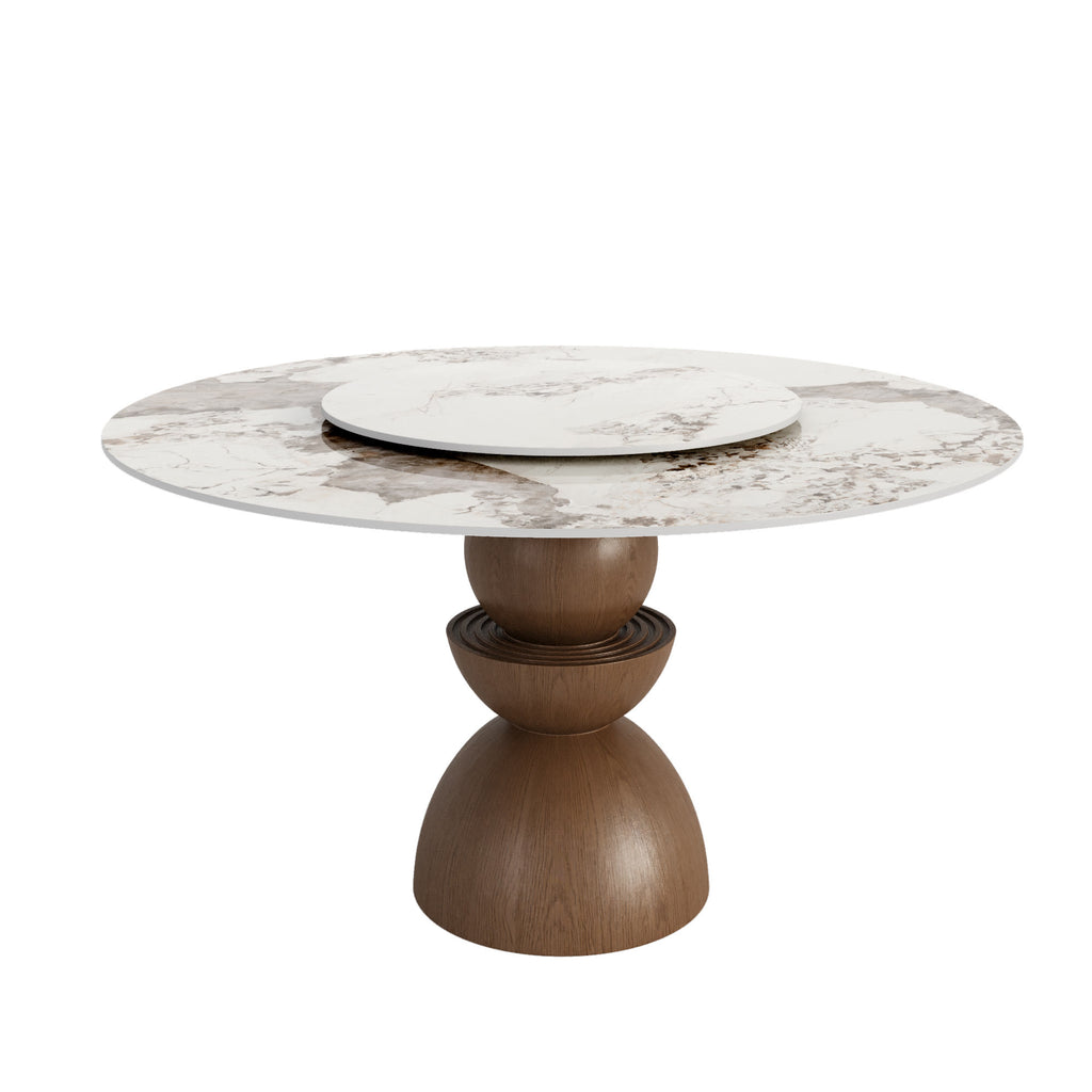 Mira Solid Wood Pedestal Round Dining Table with Pandora Glossy Stone Top & Removable Lazy Susan - image 1