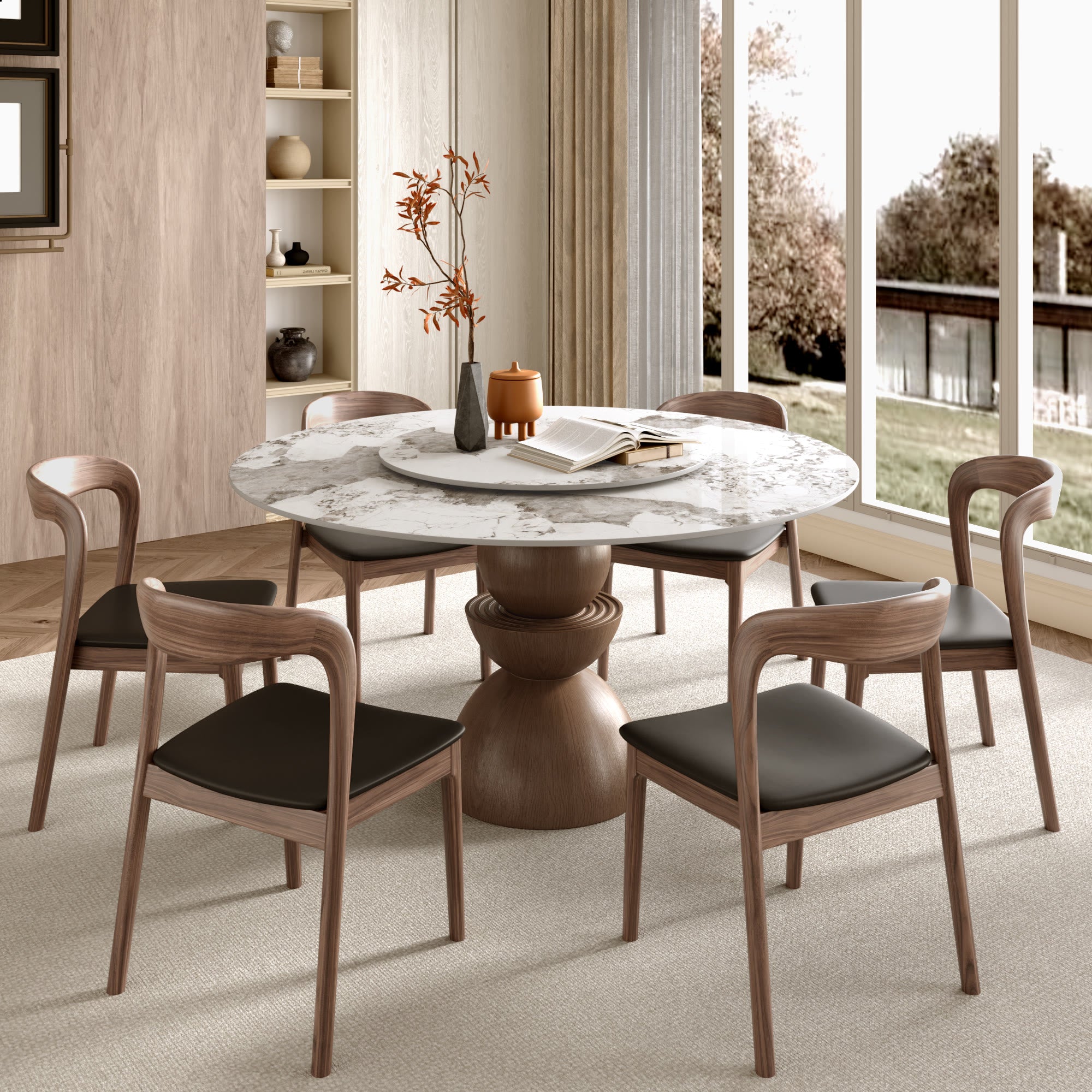 Mira Solid Wood Pedestal Round Dining Table with Pandora Glossy Stone Top & Removable Lazy Susan - image 4