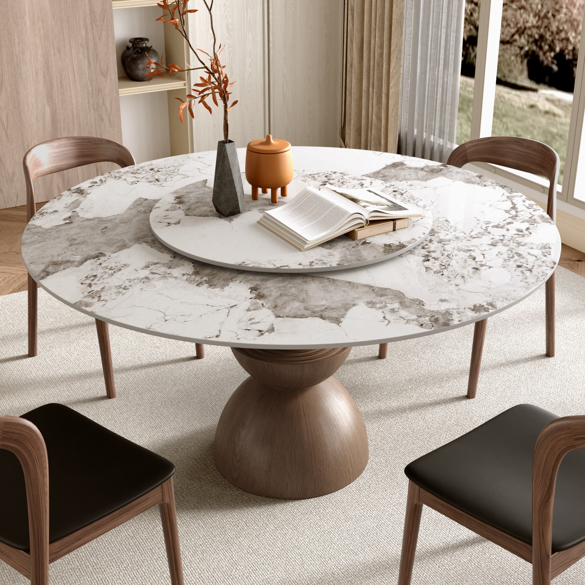 Mira Solid Wood Pedestal Round Dining Table with Pandora Glossy Stone Top & Removable Lazy Susan - image 3