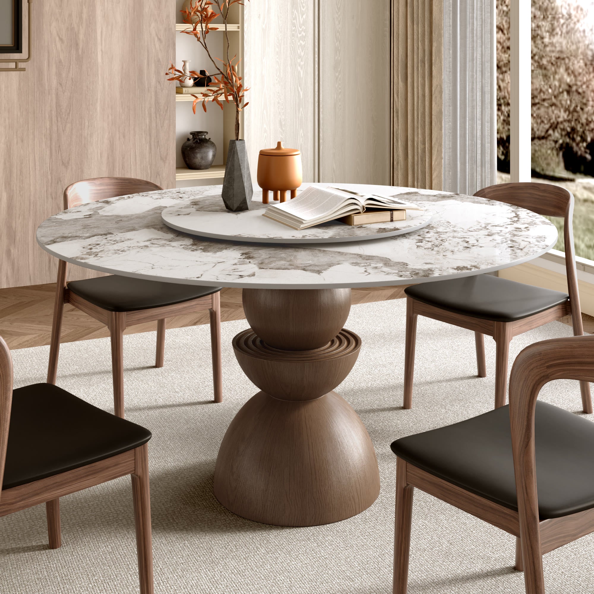Mira Solid Wood Pedestal Round Dining Table with Pandora Glossy Stone Top & Removable Lazy Susan - 59.05'' W X 59.05'' D X 29.53'' H - image 0