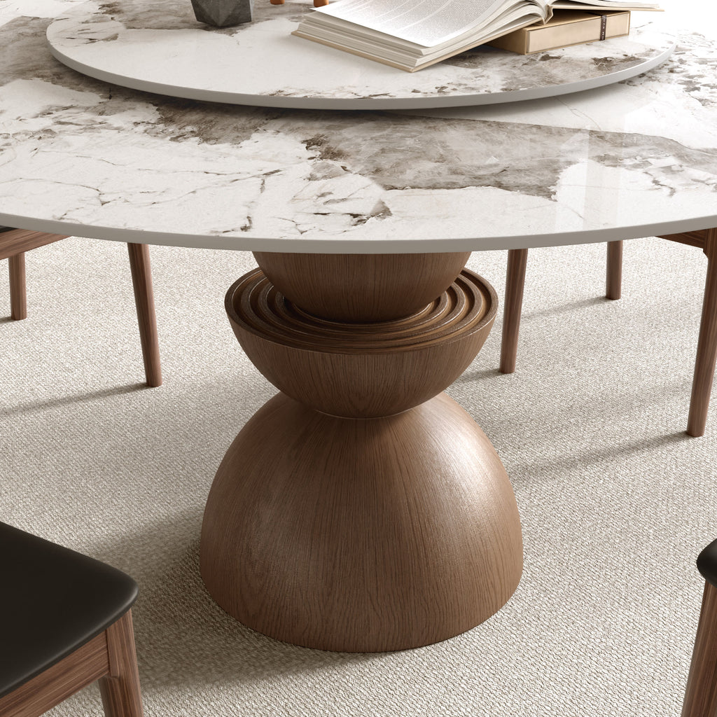 Mira Solid Wood Pedestal Round Dining Table with Pandora Glossy Stone Top & Removable Lazy Susan - image 2