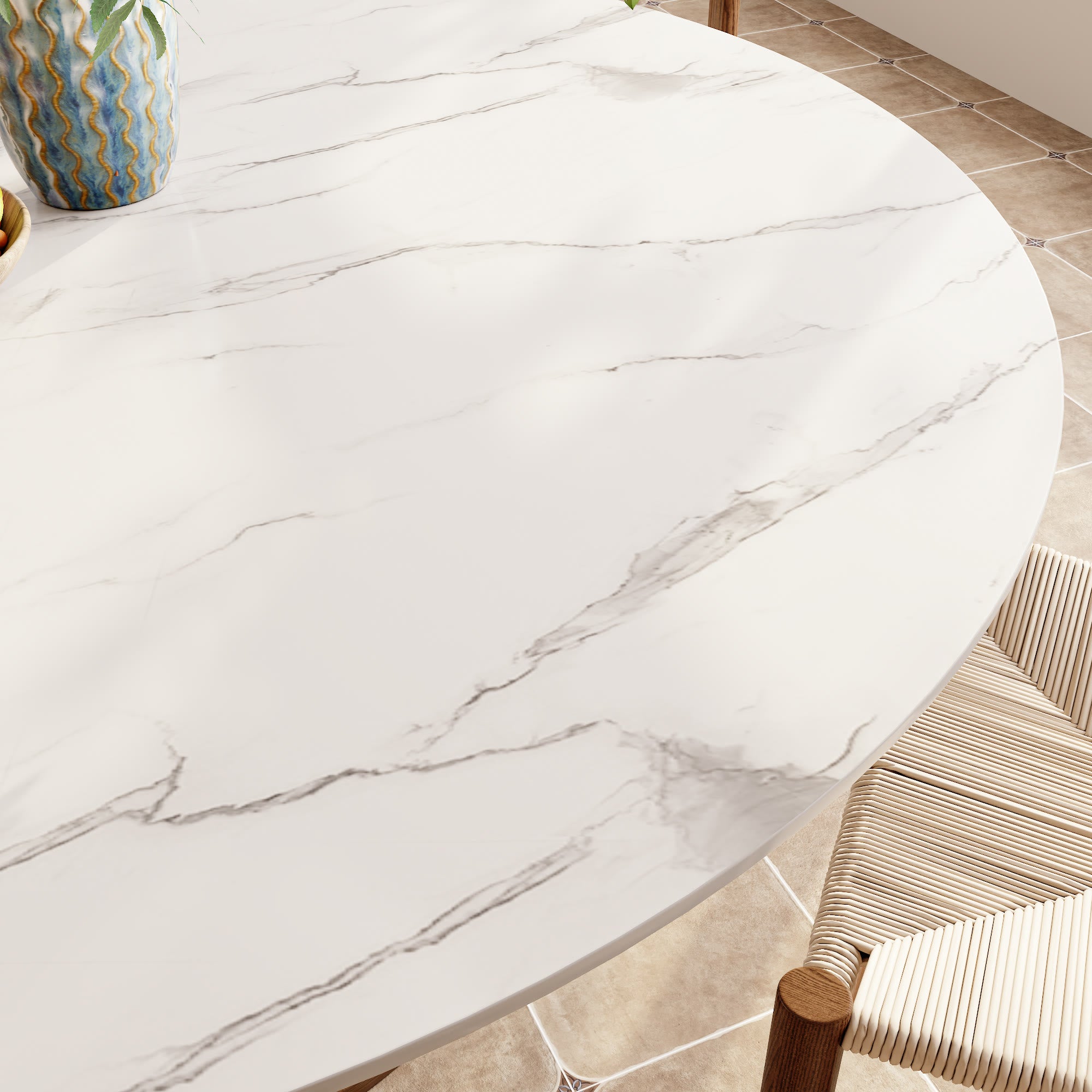 Calyx Dark Walnut Solid Wood Pedestal Round Dining Table With White Glossy Stone Top - image 2