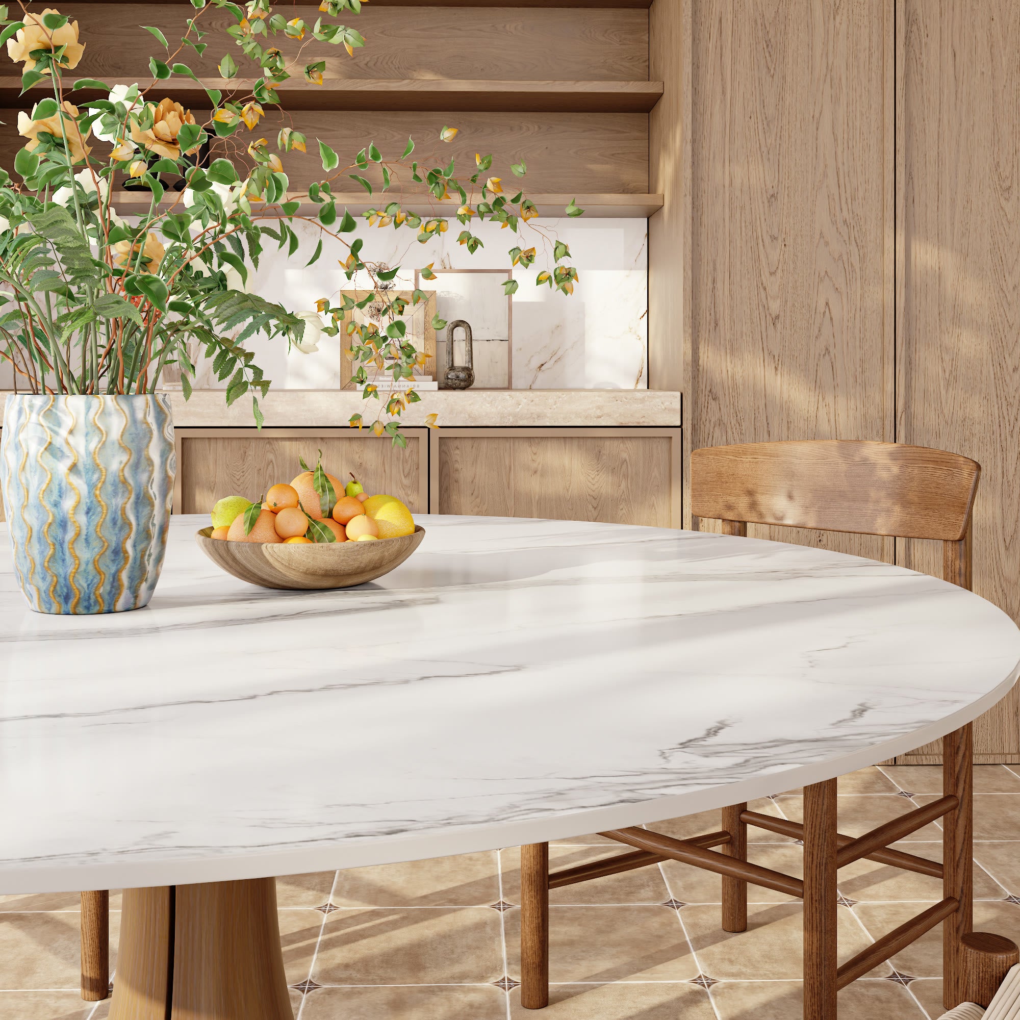 Calyx Dark Walnut Solid Wood Pedestal Round Dining Table With White Glossy Stone Top - image 3