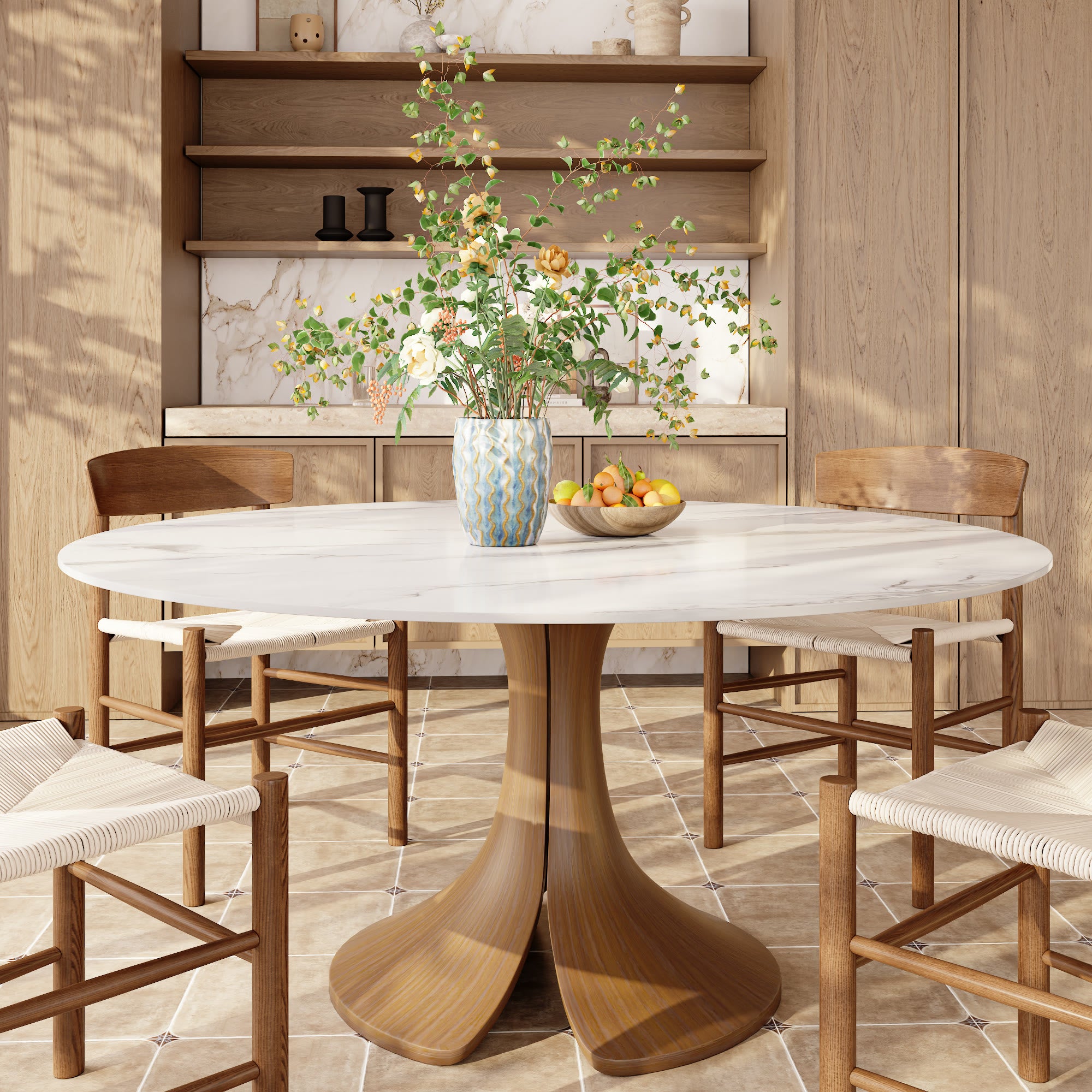 Calyx Dark Walnut Solid Wood Pedestal Round Dining Table With White Glossy Stone Top - image 0