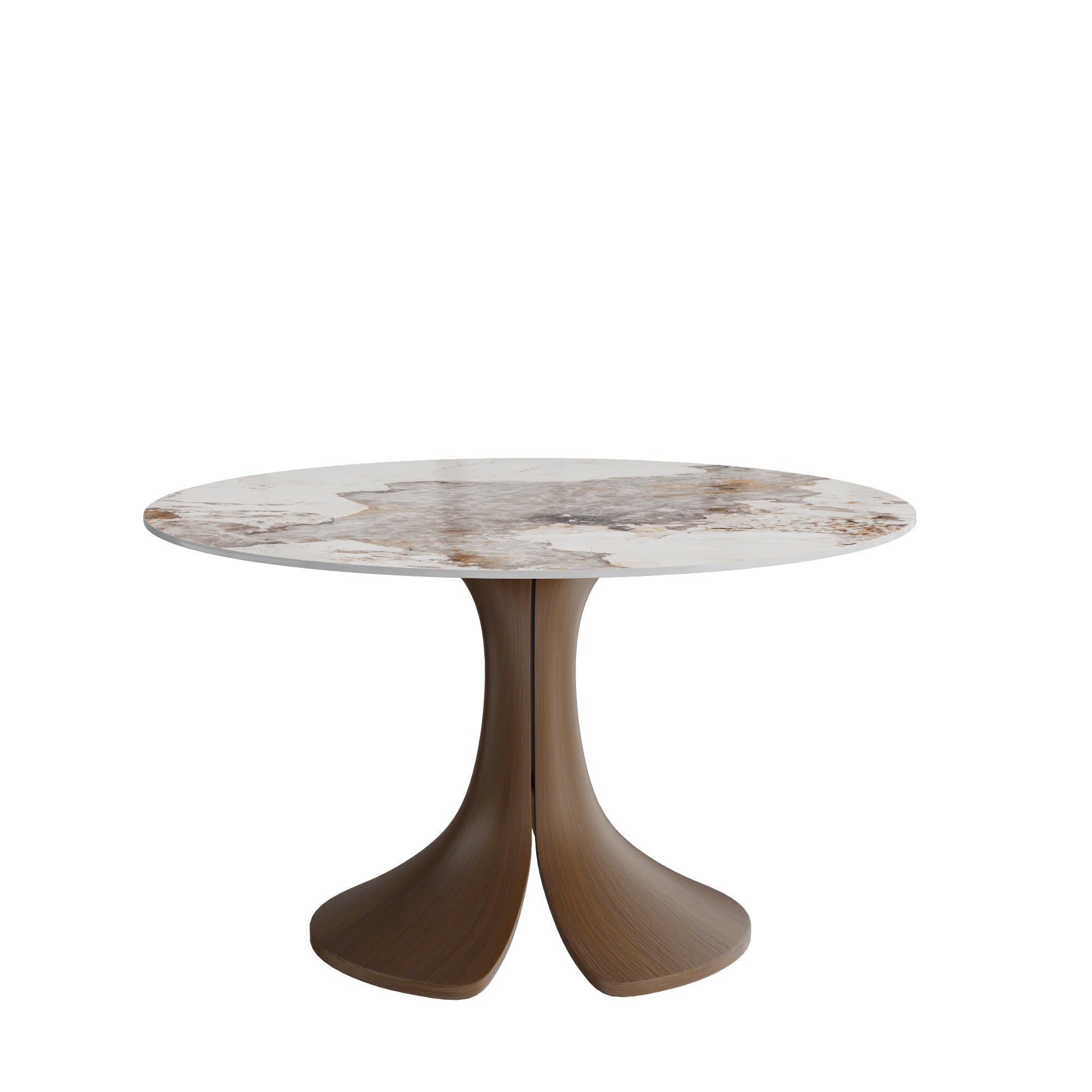 Calyx Dark Walnut Solid Wood Pedestal Round Dining Table With Pandora Glossy Stone Top - image 1