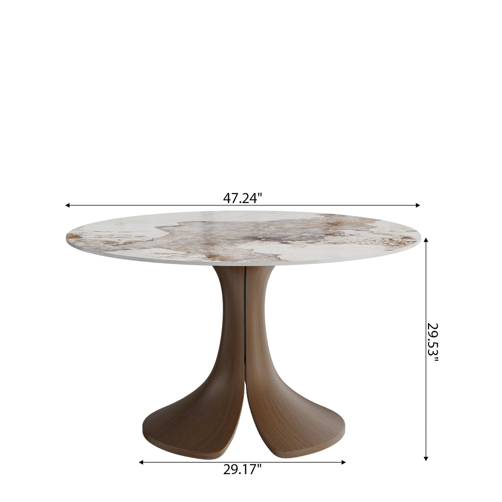 Calyx Dark Walnut Solid Wood Pedestal Round Dining Table With Pandora Glossy Stone Top - image 6