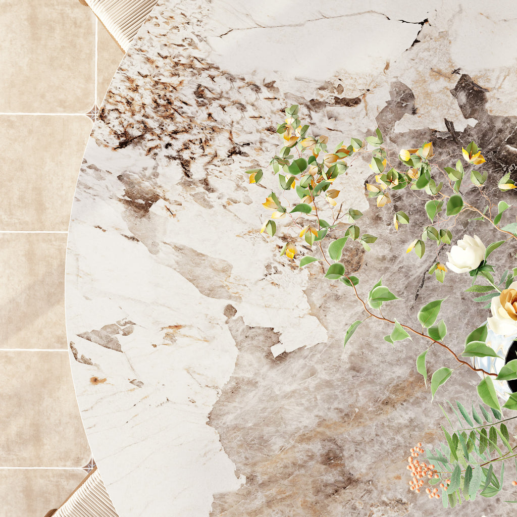 Calyx Dark Walnut Solid Wood Pedestal Round Dining Table With Pandora Glossy Stone Top - image 9