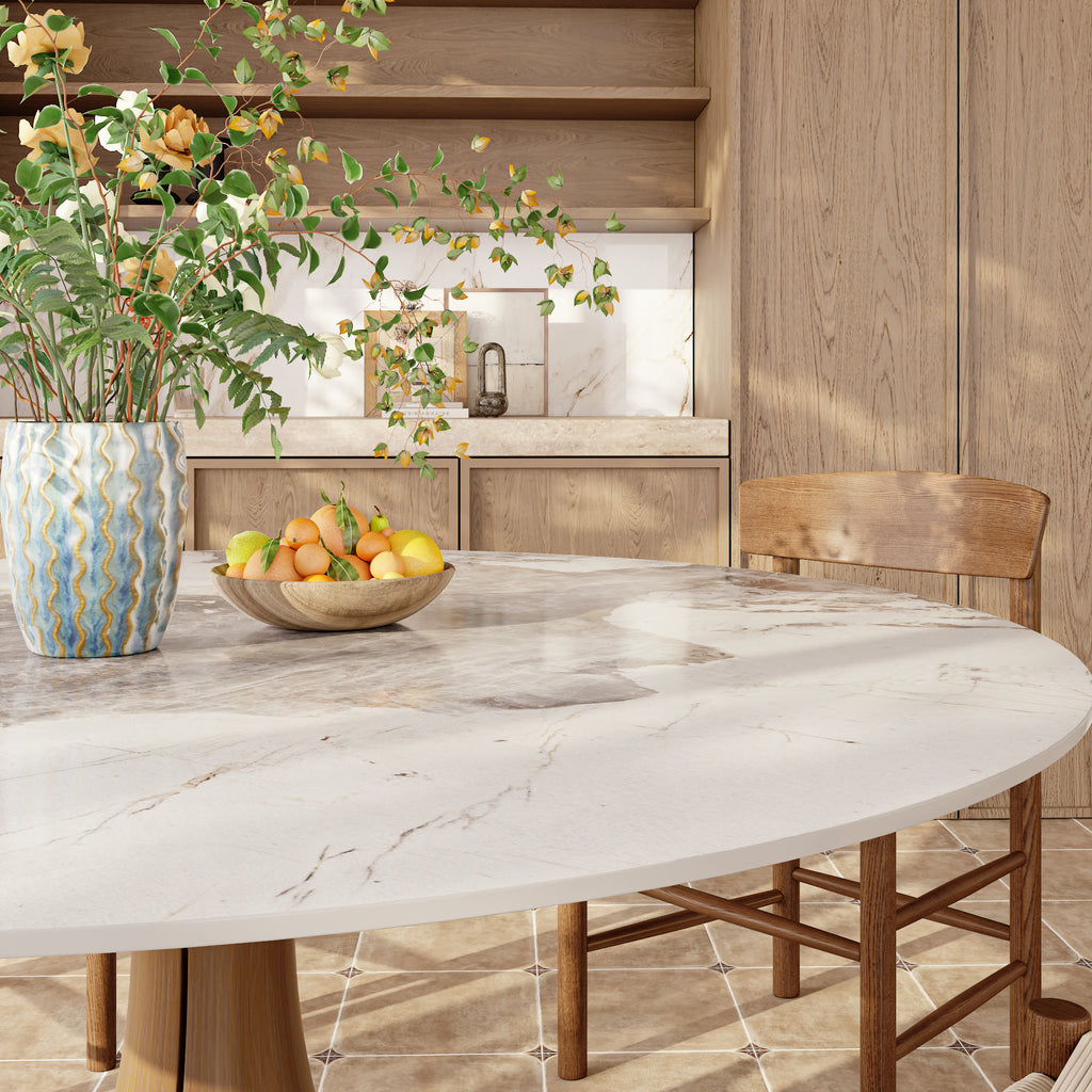 Calyx Dark Walnut Solid Wood Pedestal Round Dining Table With Pandora Glossy Stone Top - image 3