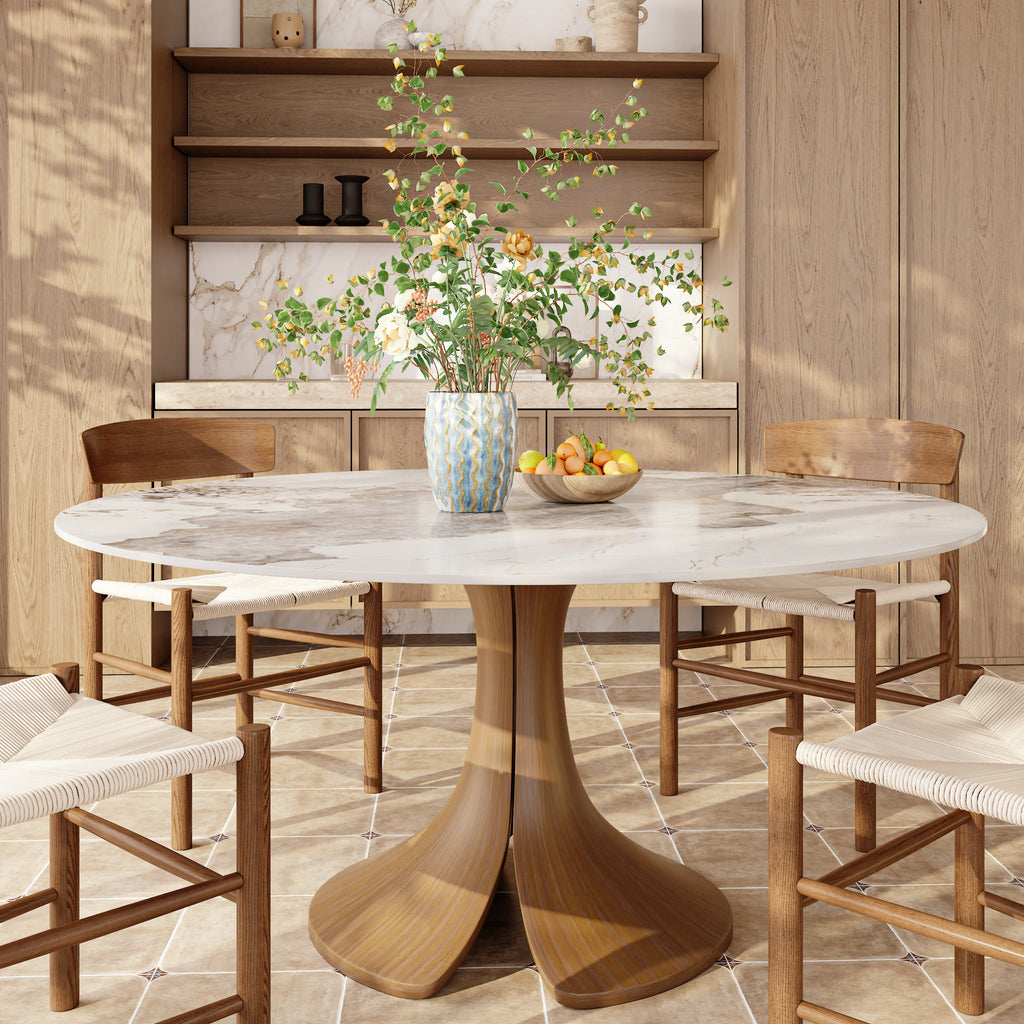 Calyx Dark Walnut Solid Wood Pedestal Round Dining Table With Pandora Glossy Stone Top - image 0