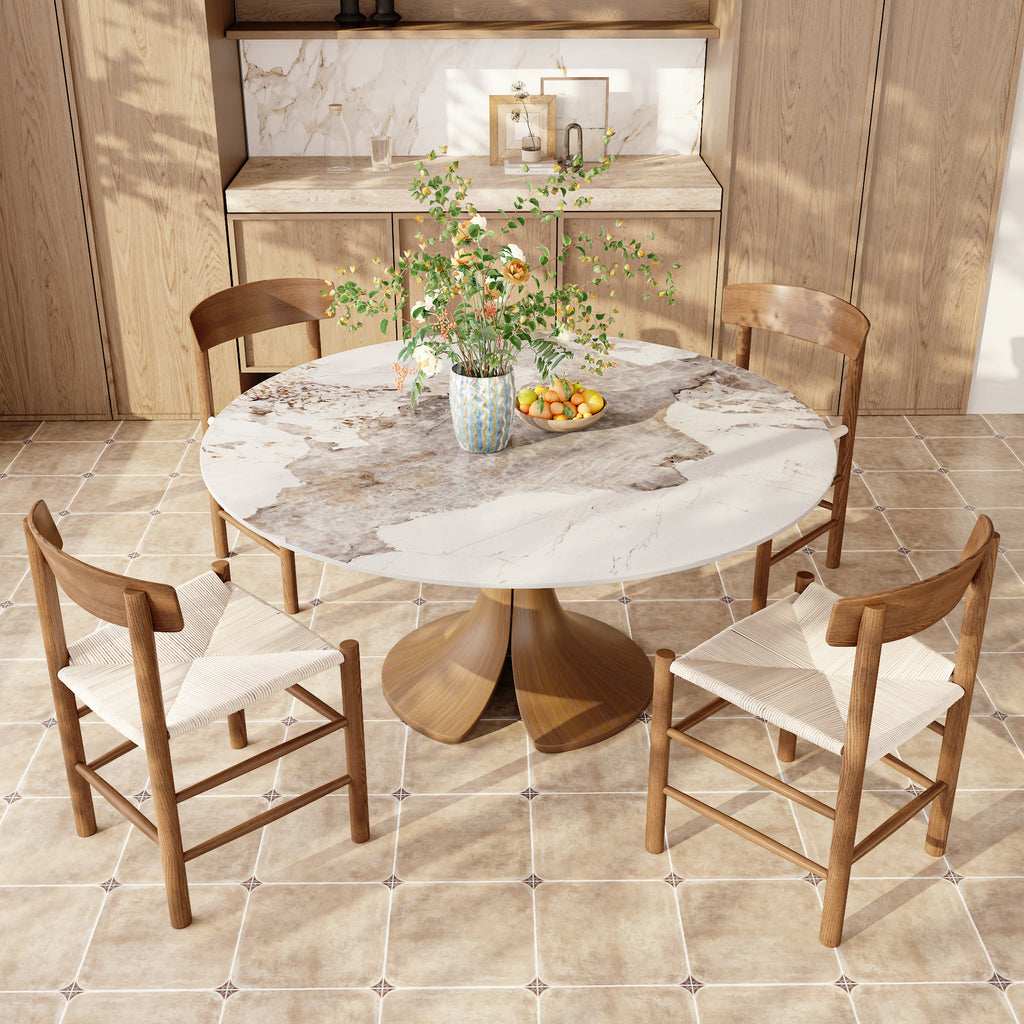 Calyx Dark Walnut Solid Wood Pedestal Round Dining Table With Pandora Glossy Stone Top - image 4