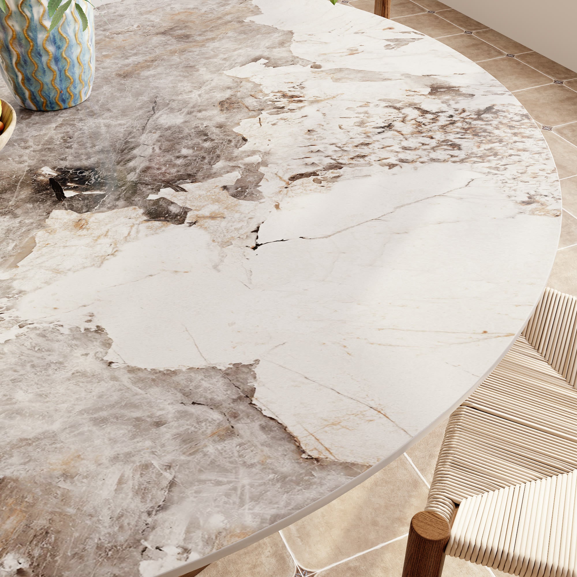 Calyx Dark Walnut Solid Wood Pedestal Round Dining Table With Pandora Glossy Stone Top - image 2