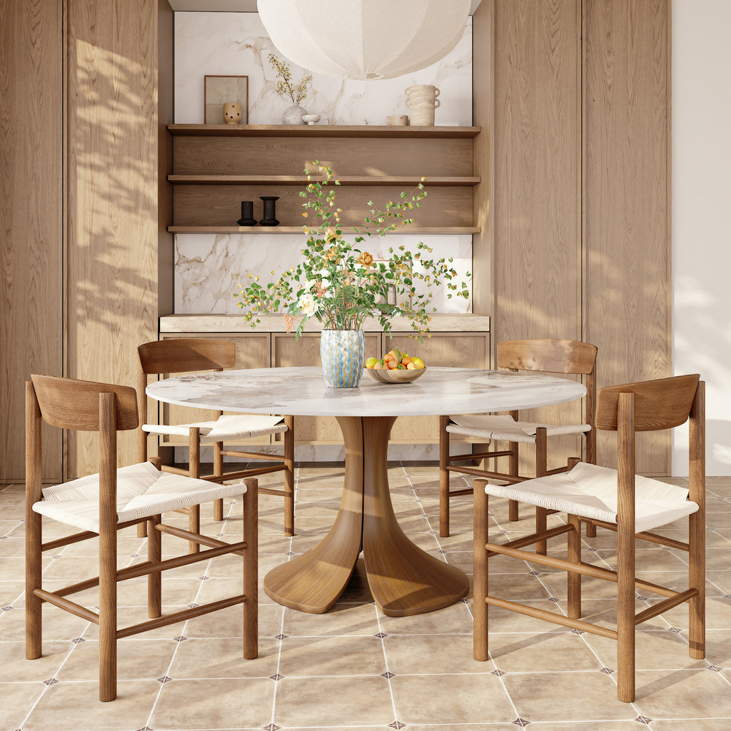 Calyx Dark Walnut Solid Wood Pedestal Round Dining Table With Pandora Glossy Stone Top - 59.05'' W X 59.05'' D X 29.53'' H - image 5