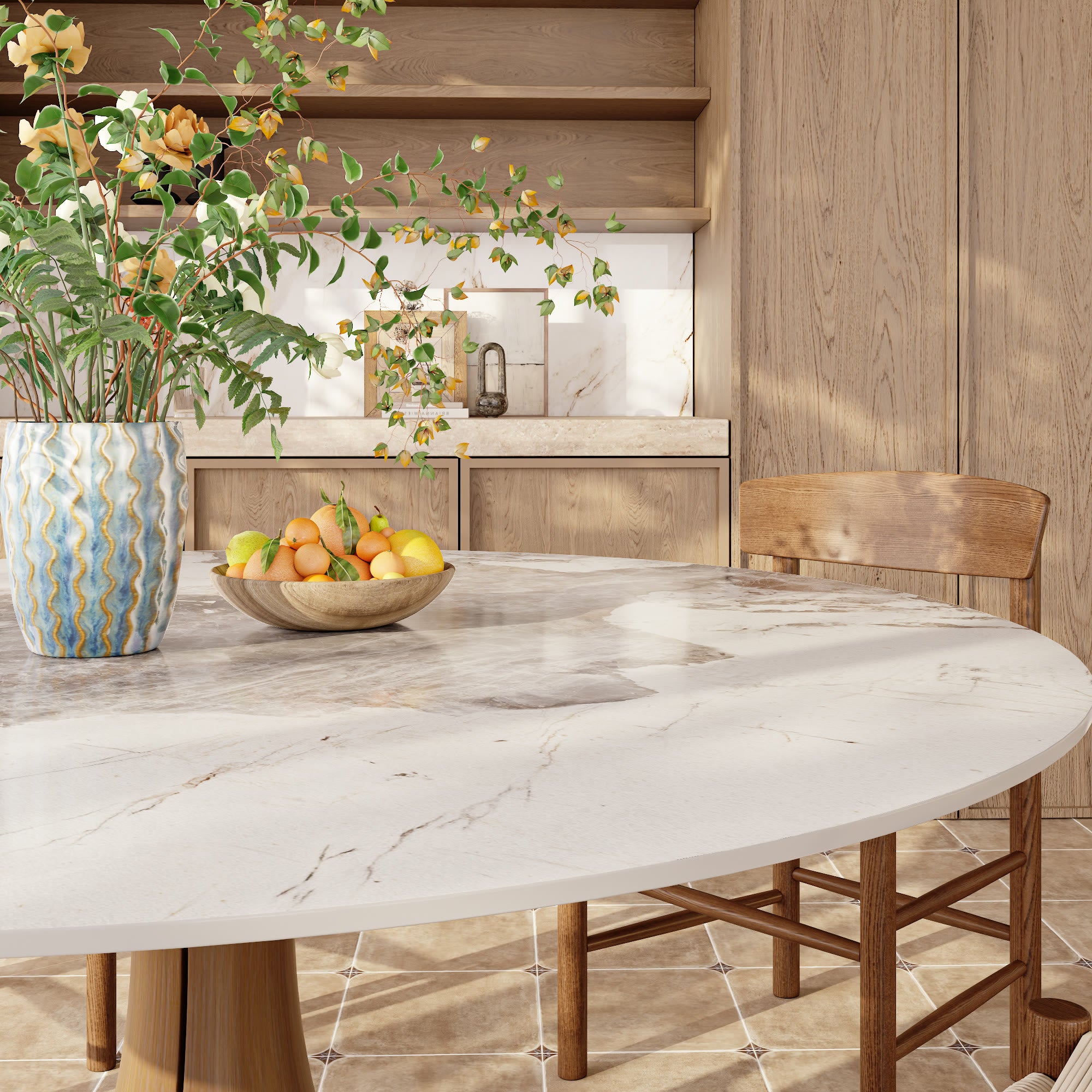 Calyx Dark Walnut Solid Wood Pedestal Round Dining Table With Pandora Glossy Stone Top - image 3
