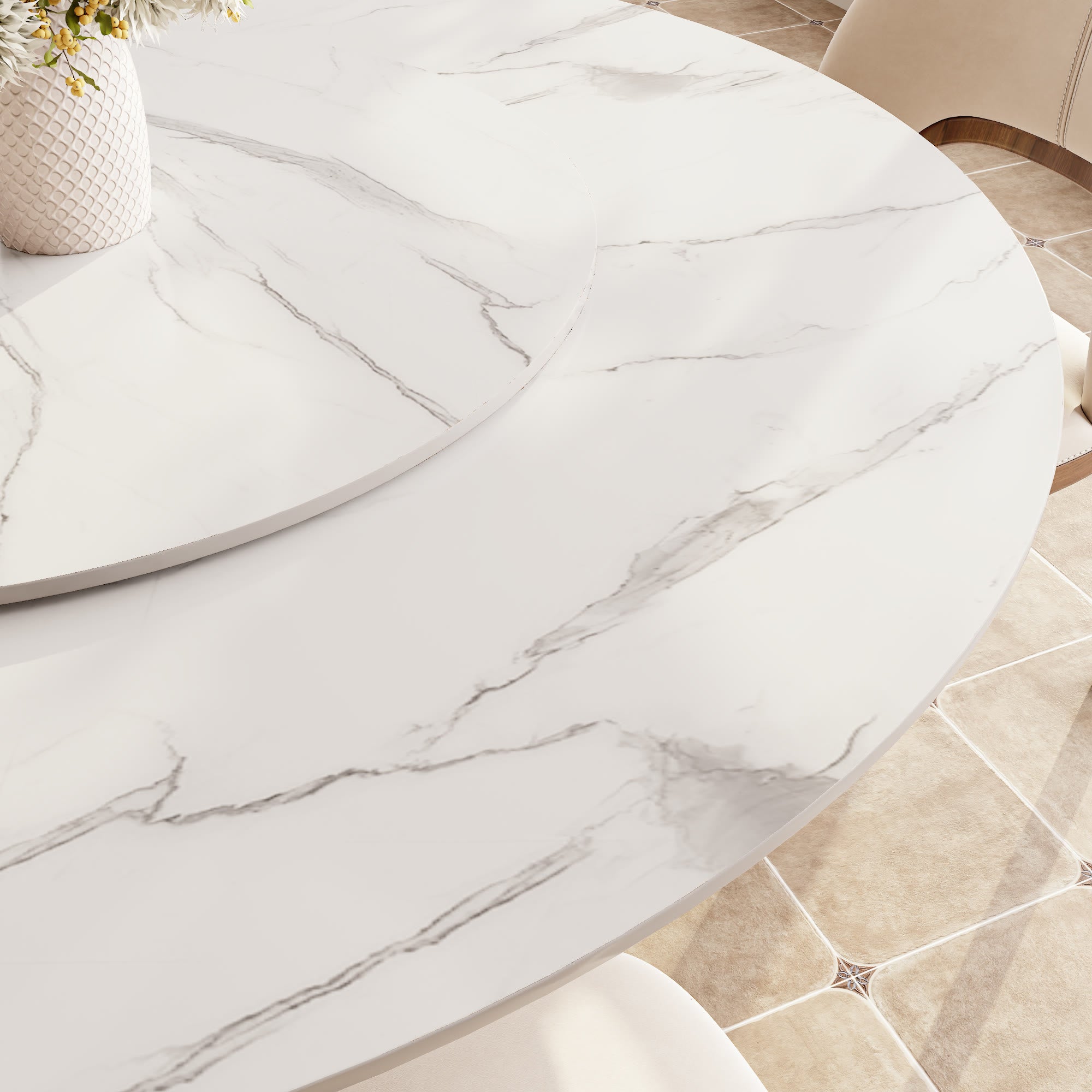 Calyx Dark Walnut Solid Wood Pedestal Round Dining Table With White Glossy Stone Top & Removable Lazy Susan - image 3