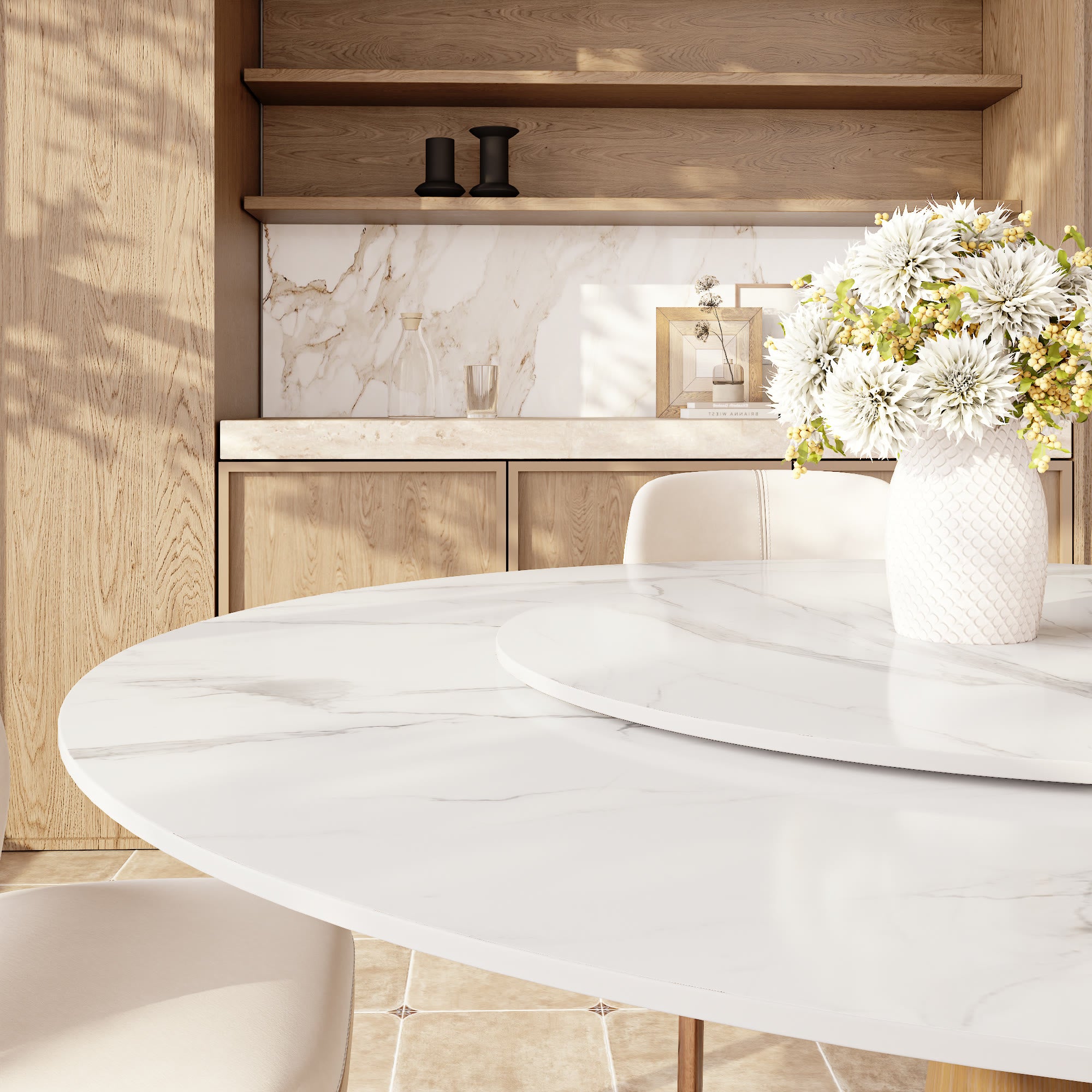 Calyx Dark Walnut Solid Wood Pedestal Round Dining Table With White Glossy Stone Top & Removable Lazy Susan - image 2