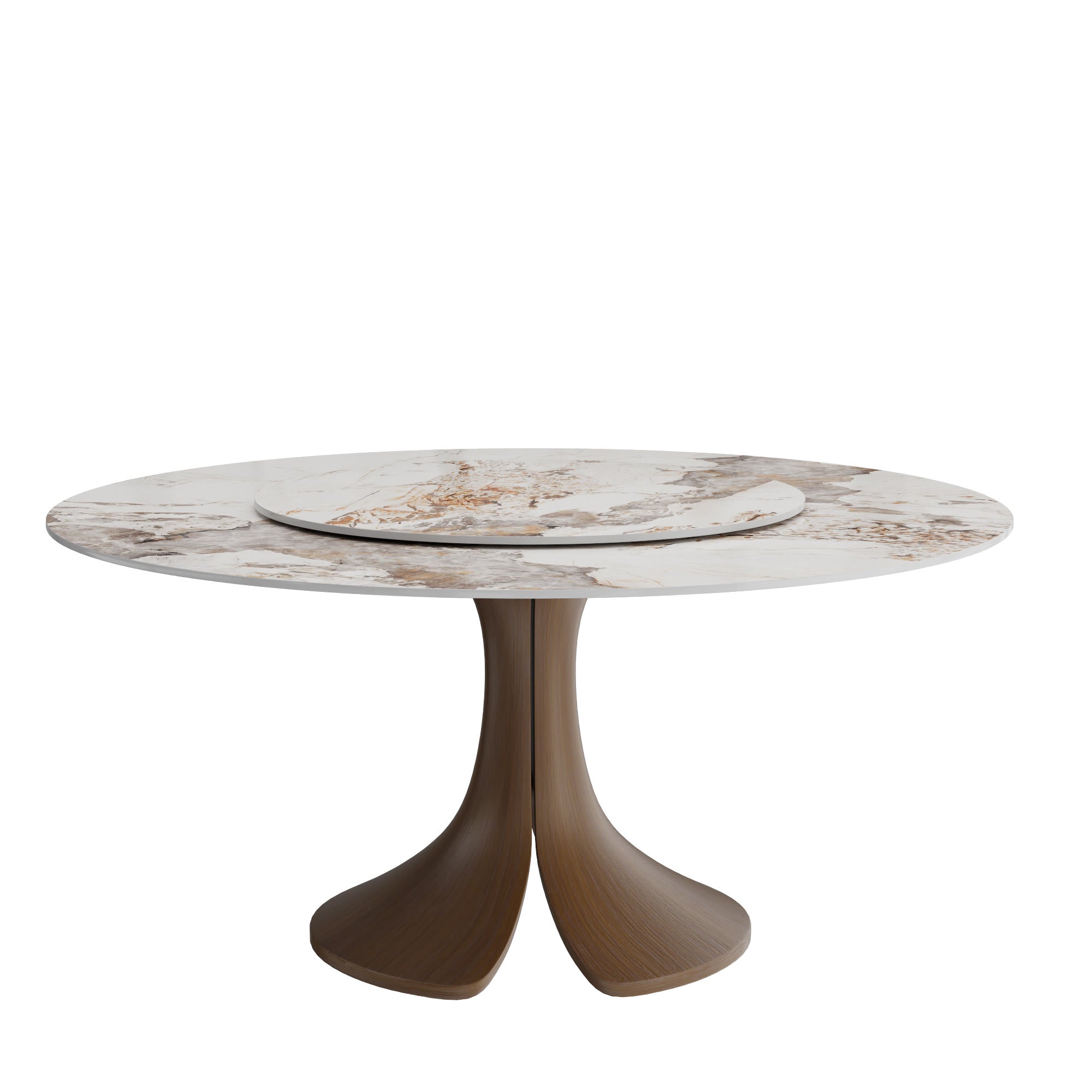 Calyx Dark Walnut Solid Wood Pedestal Round Dining Table With Pandora Glossy Stone Top & Removable Lazy Susan - image 1