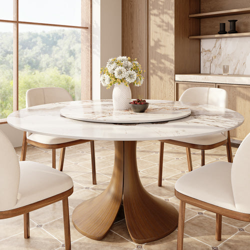 Calyx Dark Walnut Solid Wood Pedestal Round Dining Table With Pandora Glossy Stone Top & Removable Lazy Susan - 59.05'' W X 59.05'' D X 29.53'' H - image 0