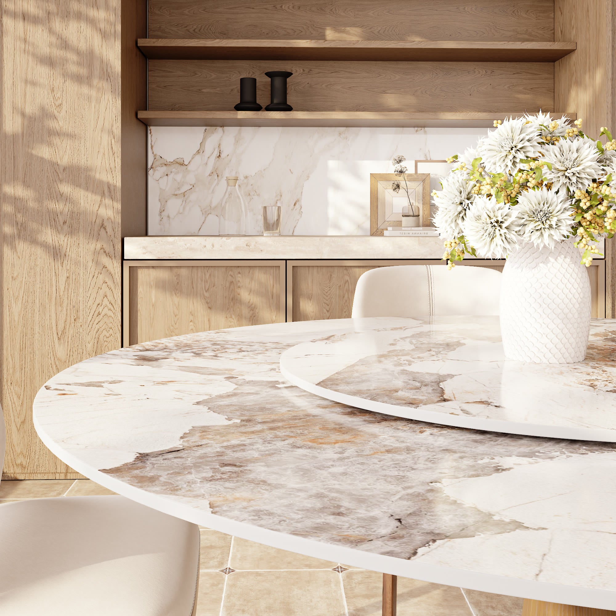 Calyx Dark Walnut Solid Wood Pedestal Round Dining Table With Pandora Glossy Stone Top & Removable Lazy Susan - image 3