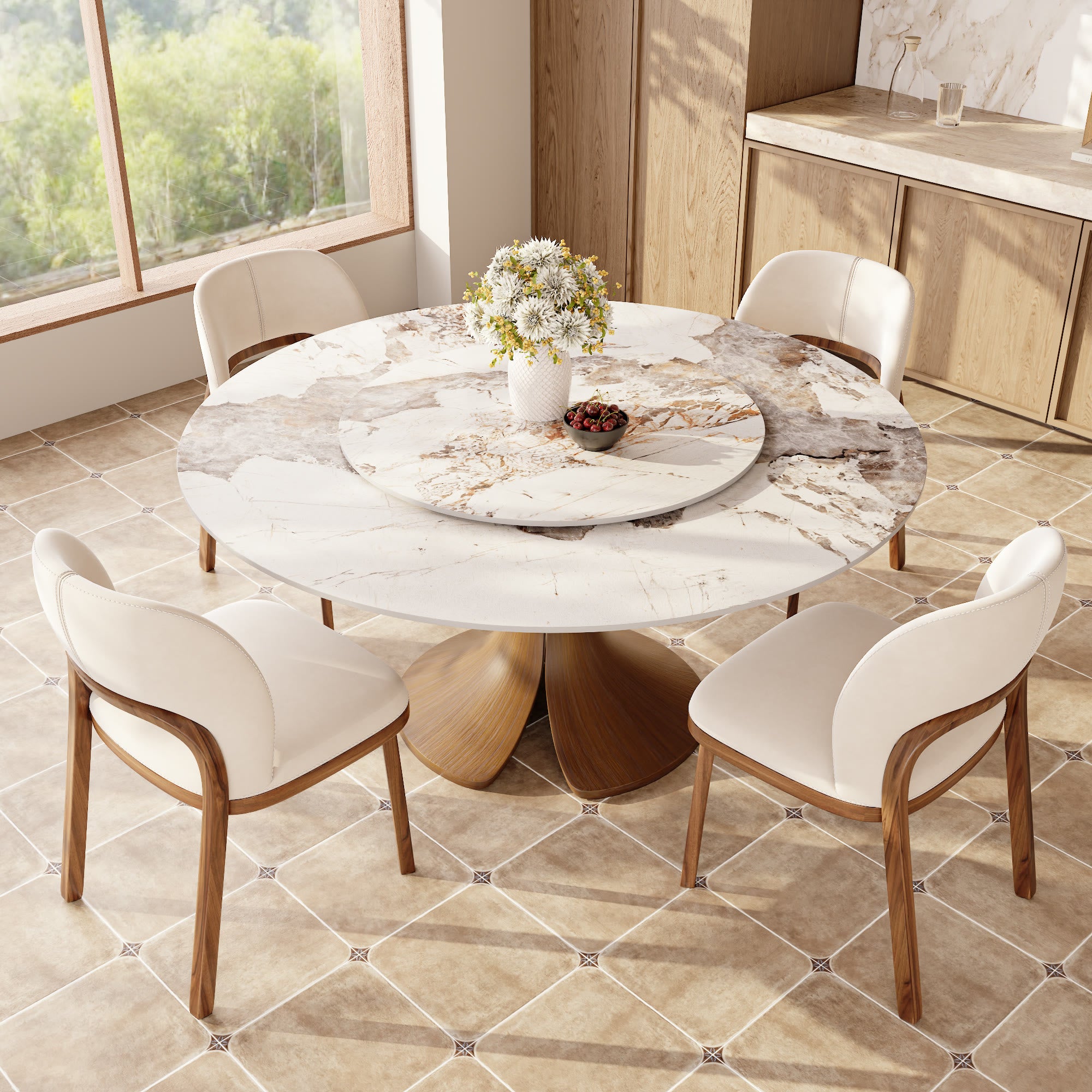 Calyx Dark Walnut Solid Wood Pedestal Round Dining Table With Pandora Glossy Stone Top & Removable Lazy Susan - image 4