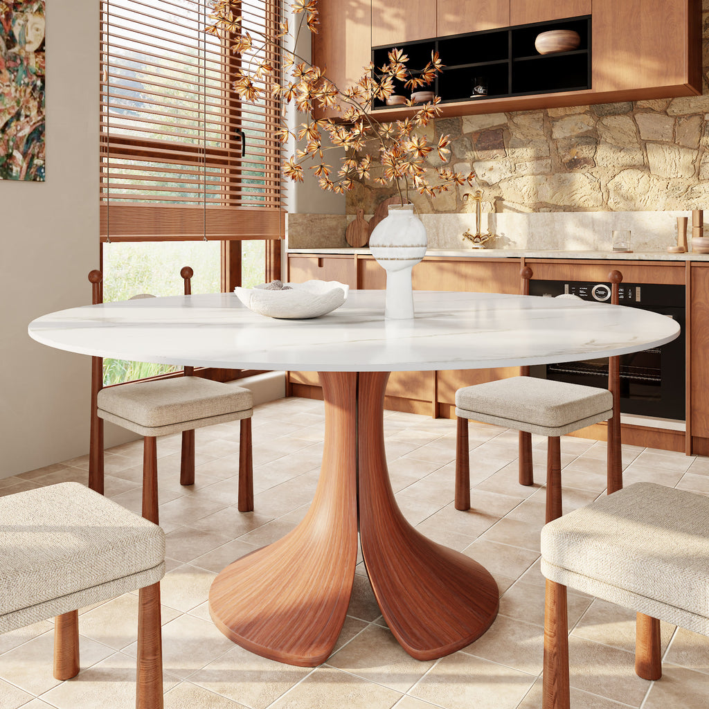 Calyx Red Walnut Solid Wood Pedestal Round Dining Table  - Snowy White - 59" Table - without Lazy Susan - image 0