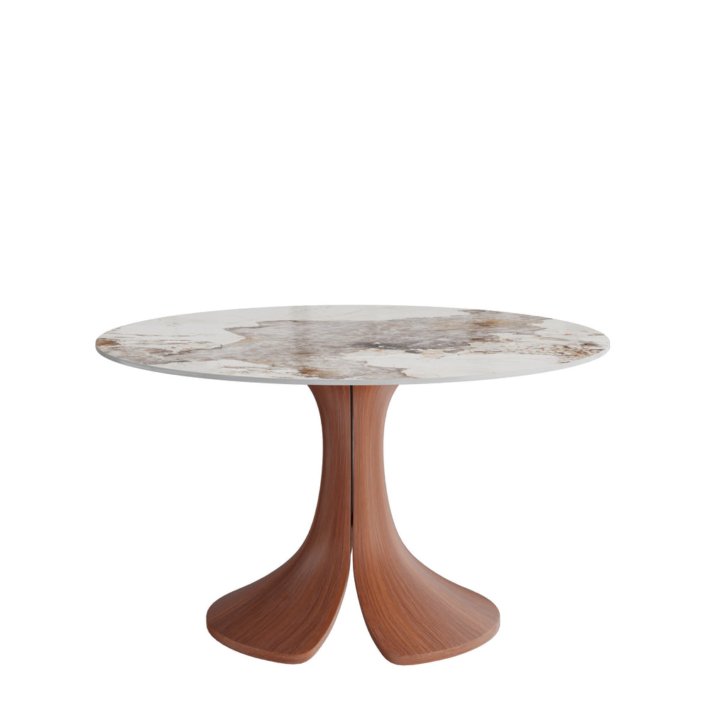 Calyx Red Walnut Solid Wood Pedestal Round Dining Table With Pandora Glossy Stone Top - image 1