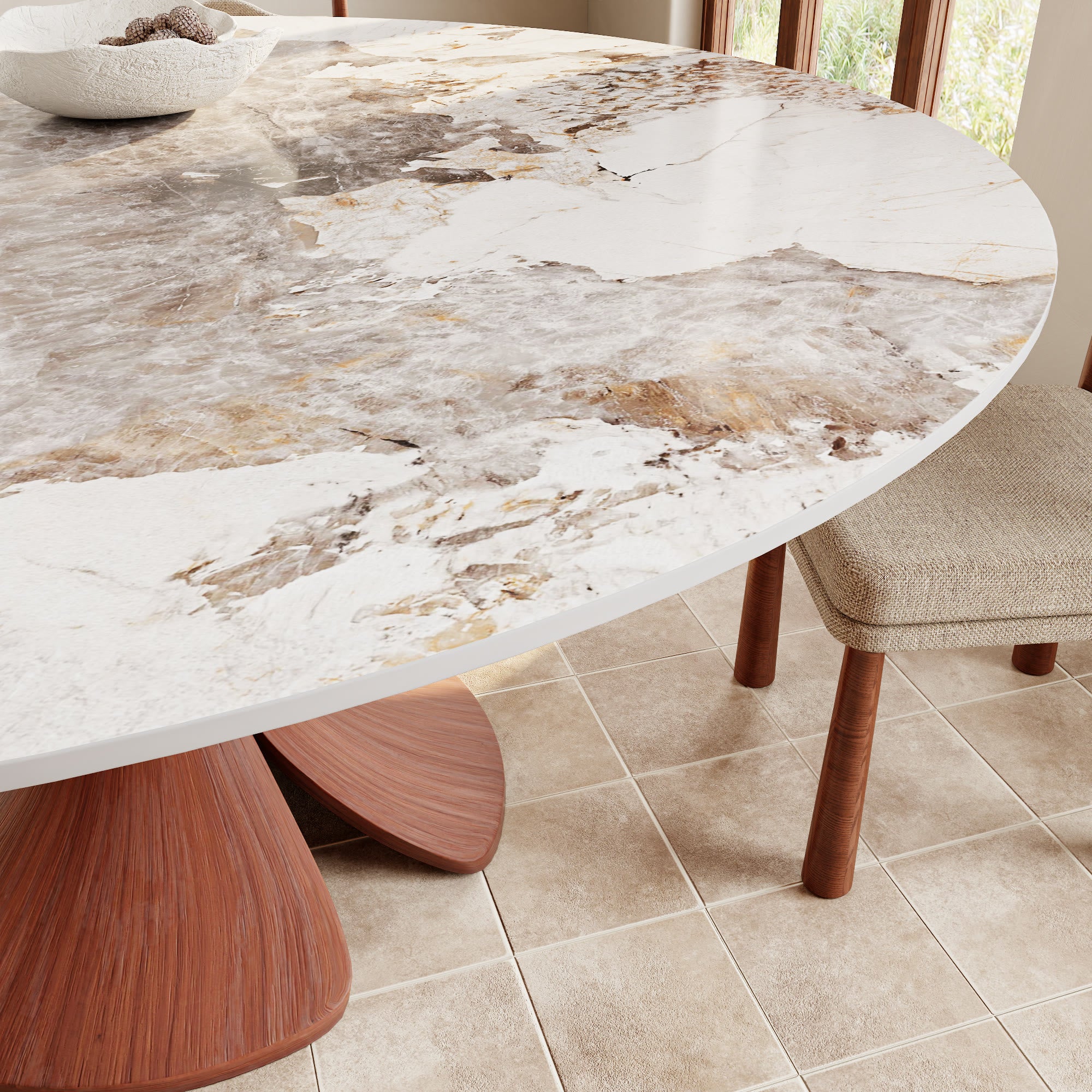 Calyx Red Walnut Solid Wood Pedestal Round Dining Table With Pandora Glossy Stone Top - image 2