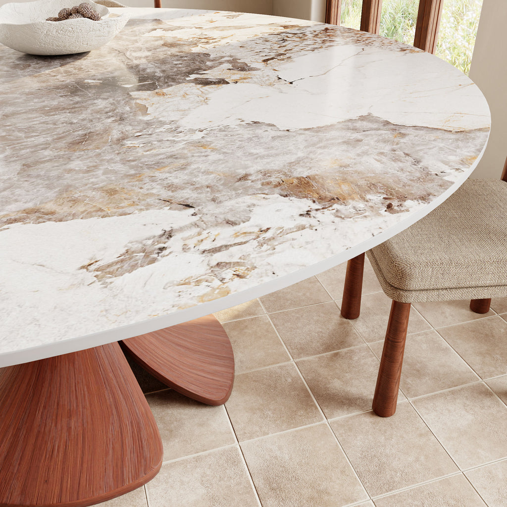 Calyx Red Walnut Solid Wood Pedestal Round Dining Table With Pandora Glossy Stone Top - image 2