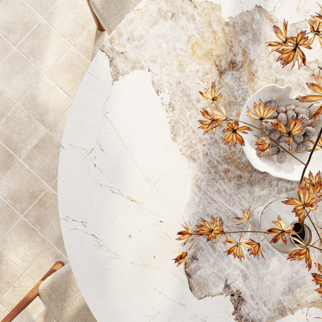 Calyx Red Walnut Solid Wood Pedestal Round Dining Table With Pandora Glossy Stone Top - image 9