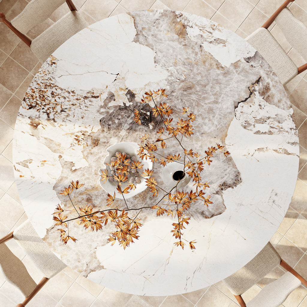 Calyx Red Walnut Solid Wood Pedestal Round Dining Table With Pandora Glossy Stone Top - image 3