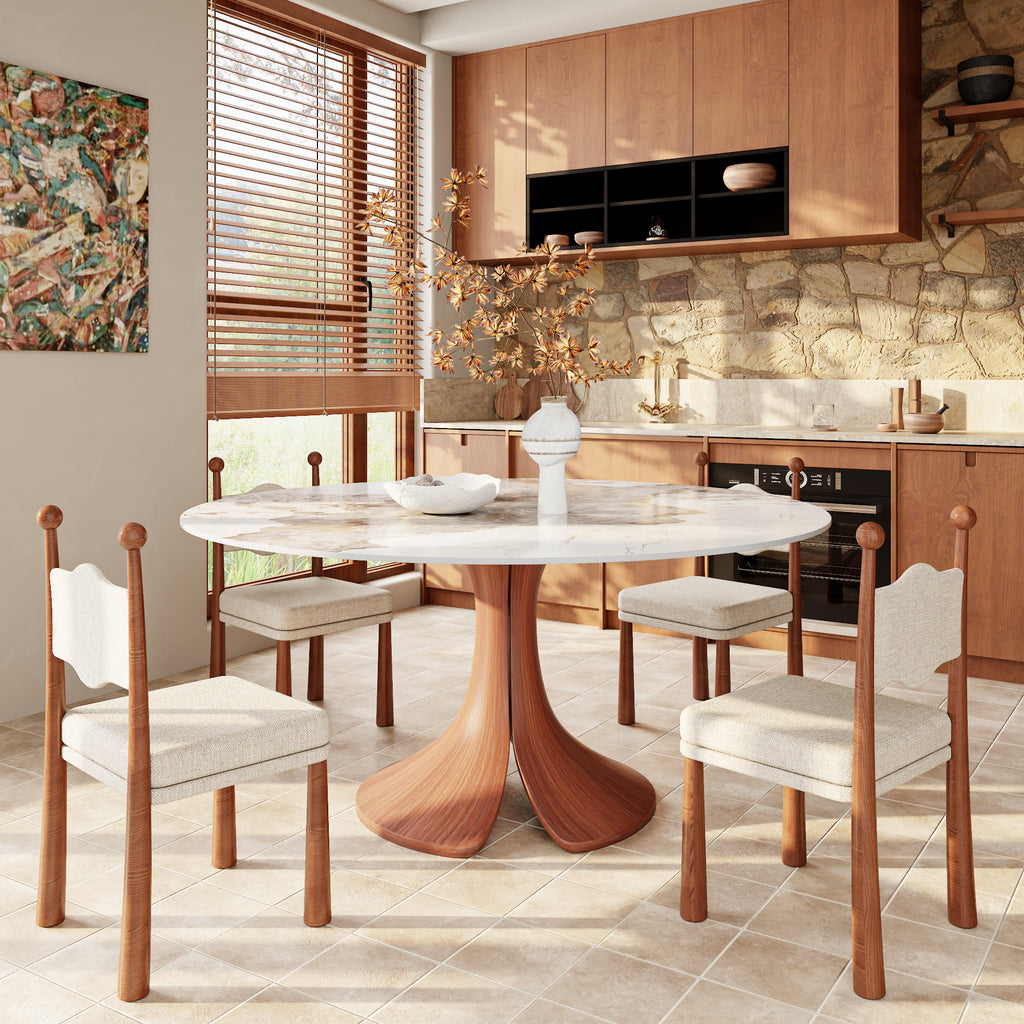 Calyx Red Walnut Solid Wood Pedestal Round Dining Table With Pandora Glossy Stone Top - image 5