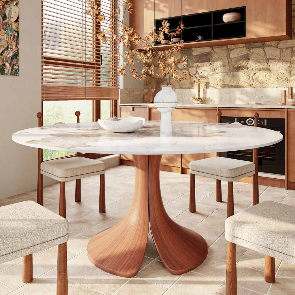 Calyx Red Walnut Solid Wood Pedestal Round Dining Table With Pandora Glossy Stone Top - 59.05'' W X 59.05'' D X 29.53'' H - image 0