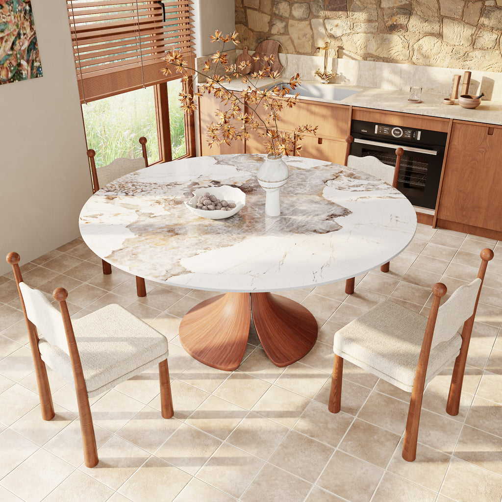 Calyx Red Walnut Solid Wood Pedestal Round Dining Table With Pandora Glossy Stone Top - image 4