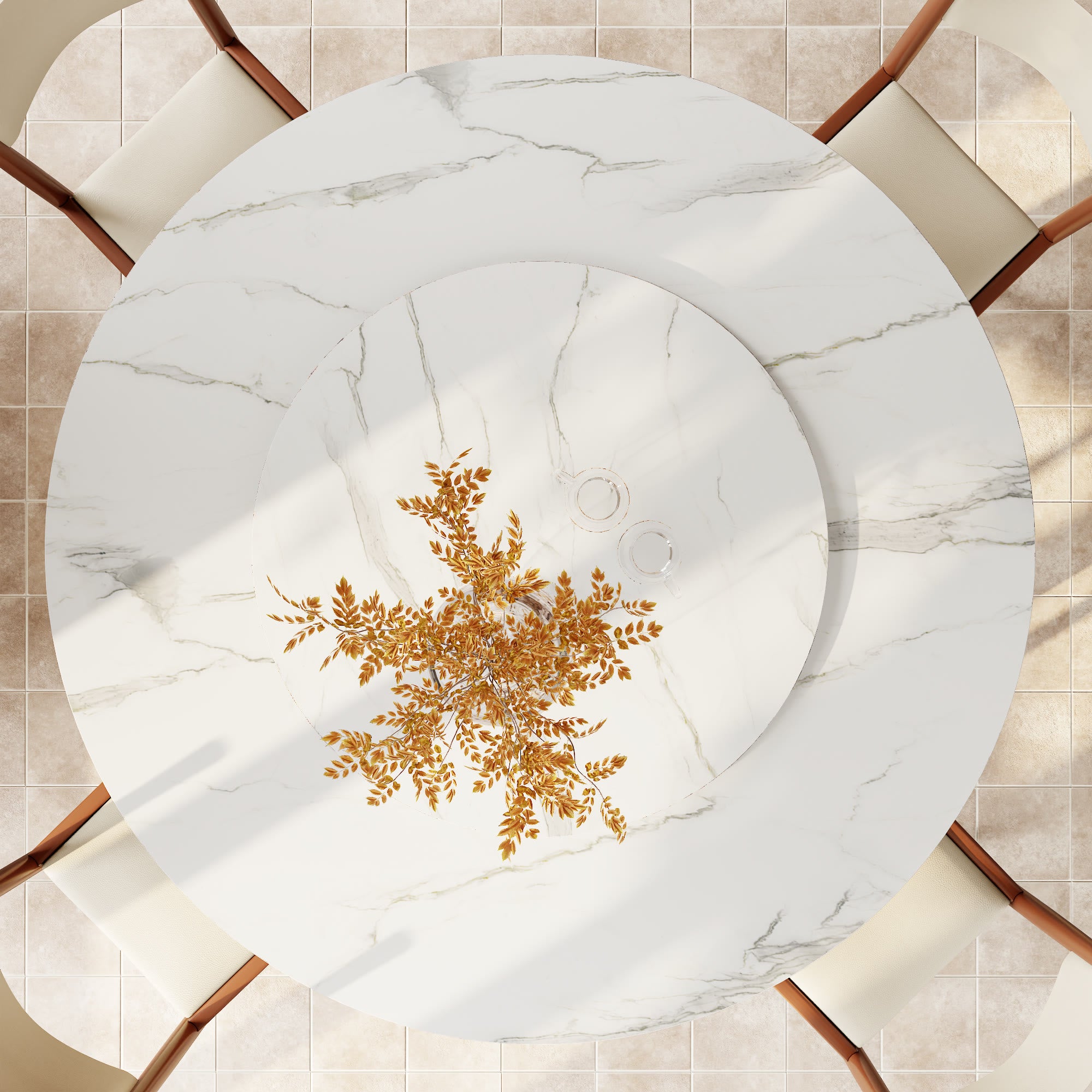 Calyx Red Walnut Solid Wood Pedestal Round Dining Table With White Glossy Stone Top & Removable Lazy Susan - image 3