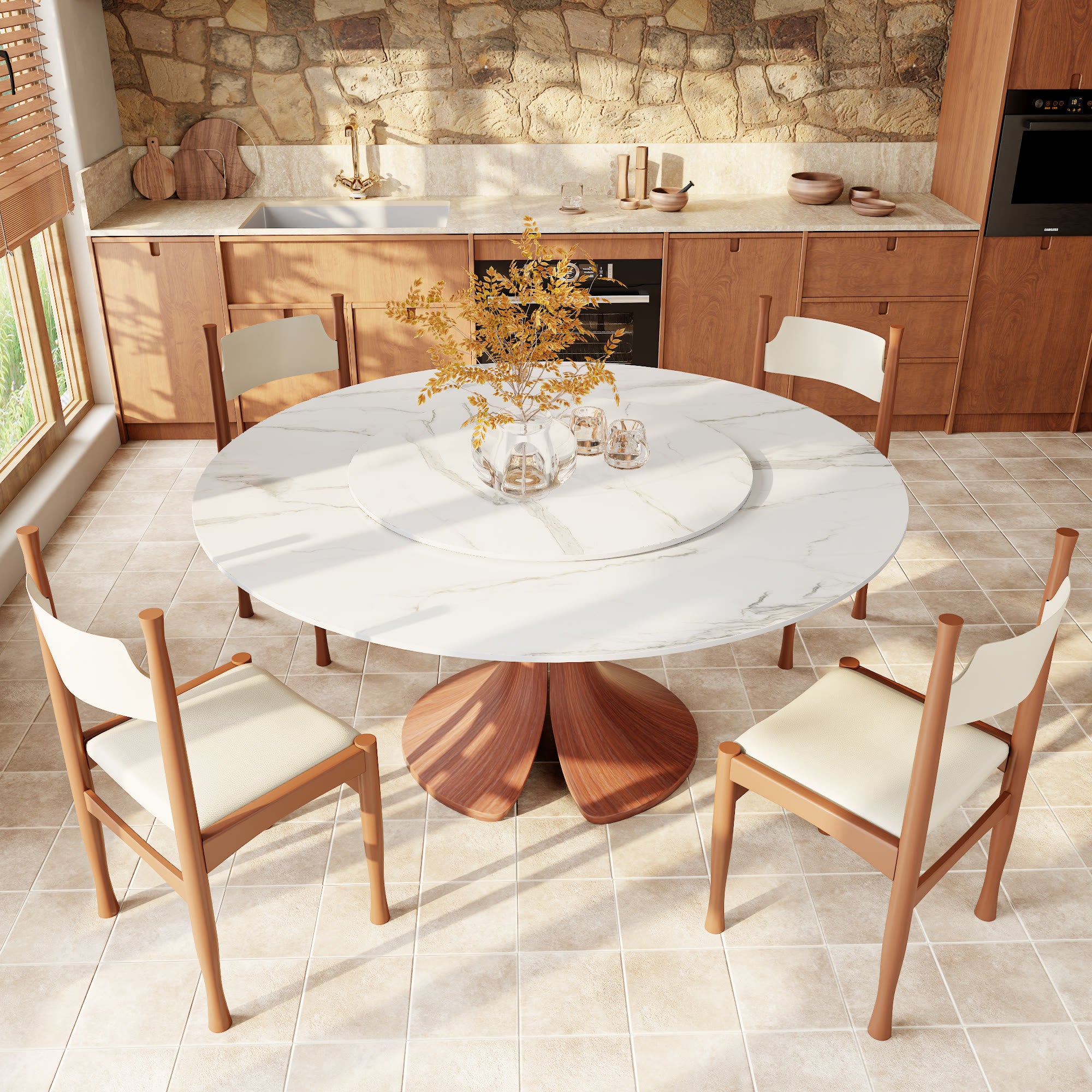 Calyx Red Walnut Solid Wood Pedestal Round Dining Table With White Glossy Stone Top & Removable Lazy Susan - image 4