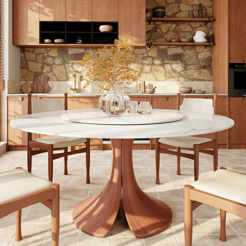 Calyx Red Walnut Solid Wood Pedestal Round Dining Table With Lazy Susan - Snowy White - 59" Table - image 0