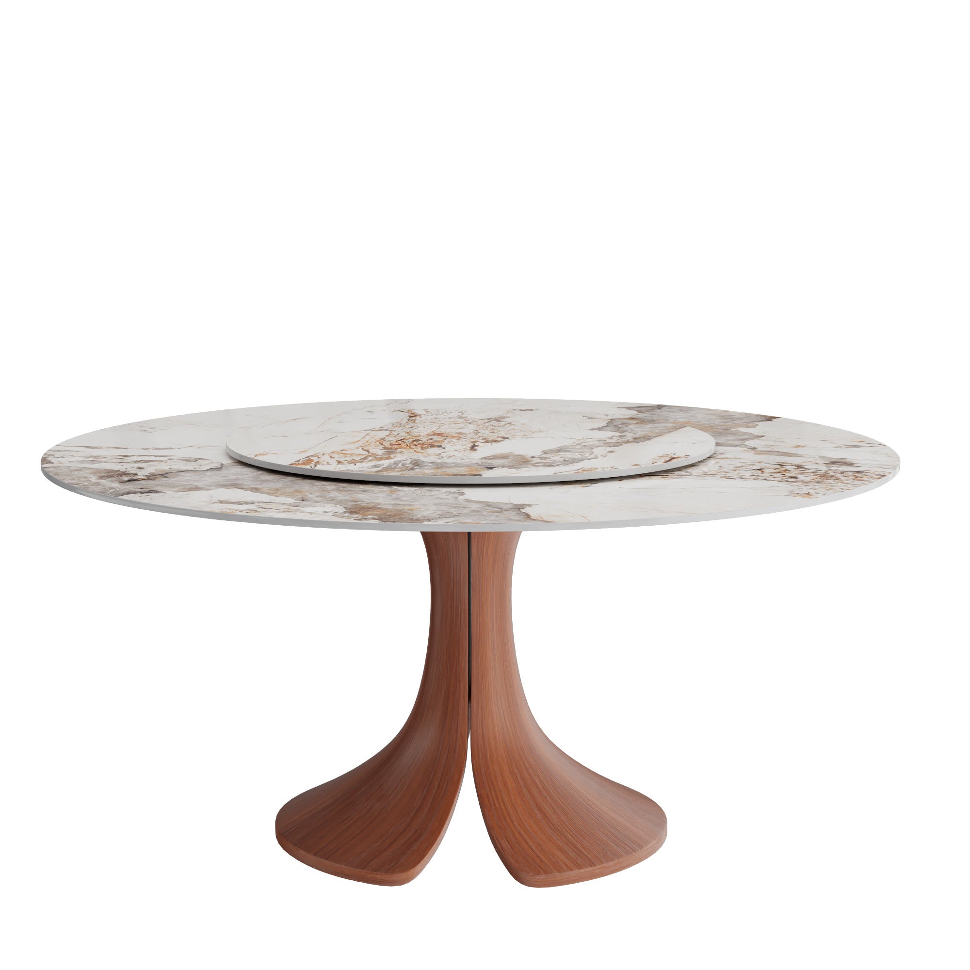 Calyx Red Walnut Solid Wood Pedestal Round Dining Table With Pandora Glossy Stone Top & Removable Lazy Susan - image 1
