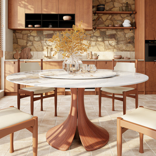 Calyx Red Walnut Solid Wood Pedestal Round Dining Table With Pandora Glossy Stone Top & Removable Lazy Susan - 59.05'' W X 59.05'' D X 29.53'' H - image 0
