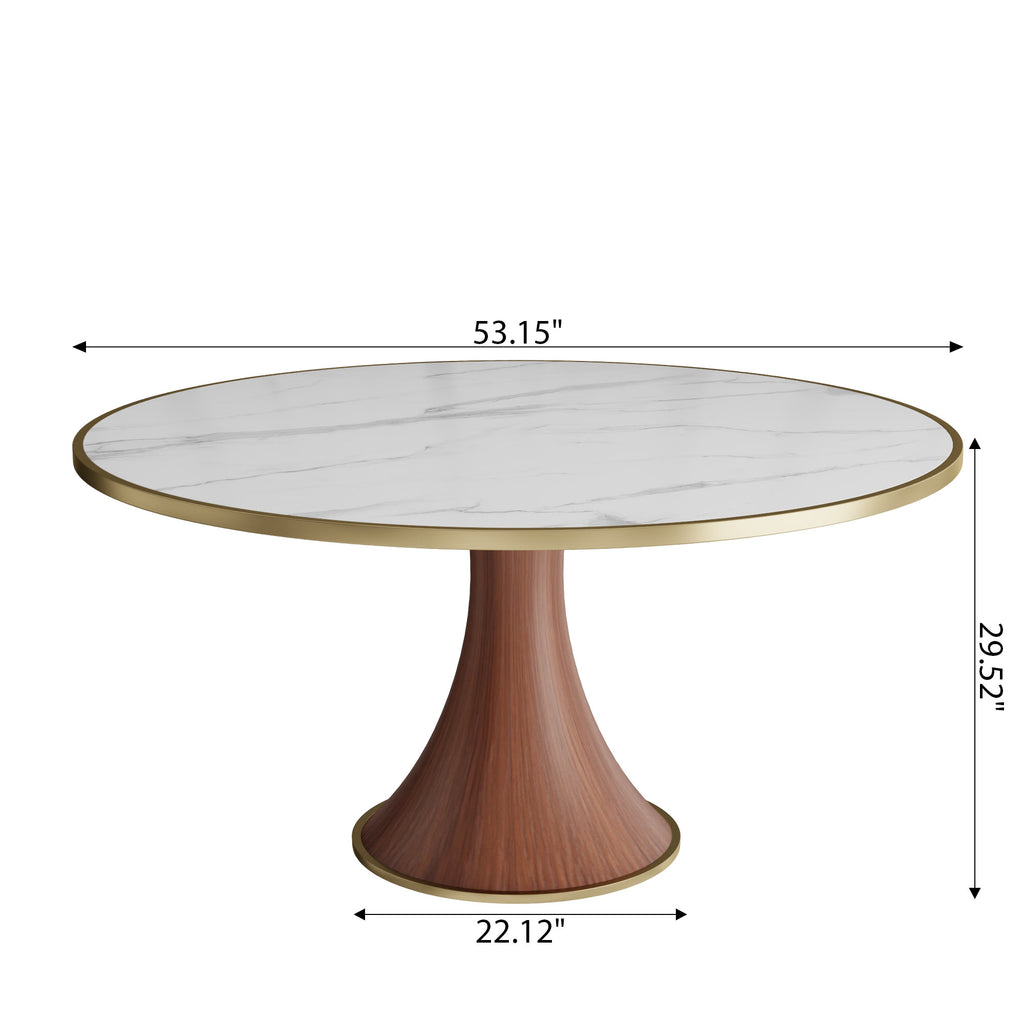 Aurelia Solid Wood Pedestal Round Dining Table With White Glossy Stone Top Brass Trimmed - image 6