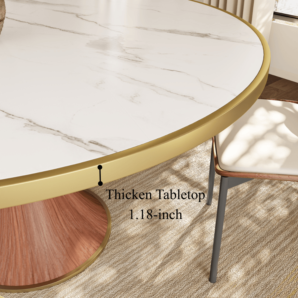 Aurelia Solid Wood Pedestal Round Dining Table With White Glossy Stone Top Brass Trimmed - image 2