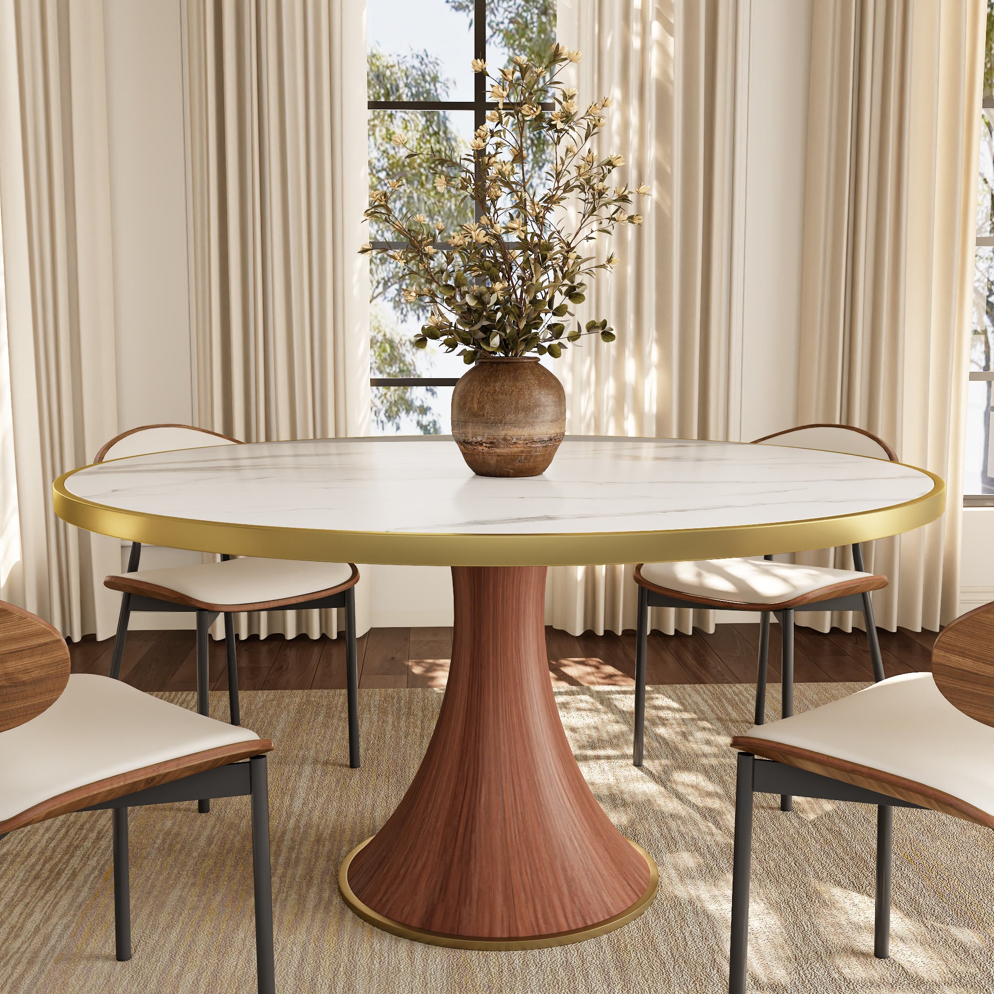 Aurelia Solid Wood Pedestal Round Dining Table With White Glossy Stone Top Brass Trimmed - 59.05'' W X 59.05'' D X 29.53'' H - image 0