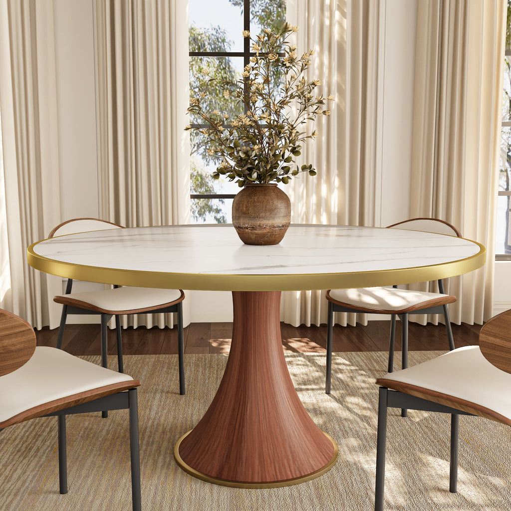 Aurelia Solid Wood Pedestal Round Dining Table With White Glossy Stone Top Brass Trimmed - 59.05'' W X 59.05'' D X 29.53'' H - image 0