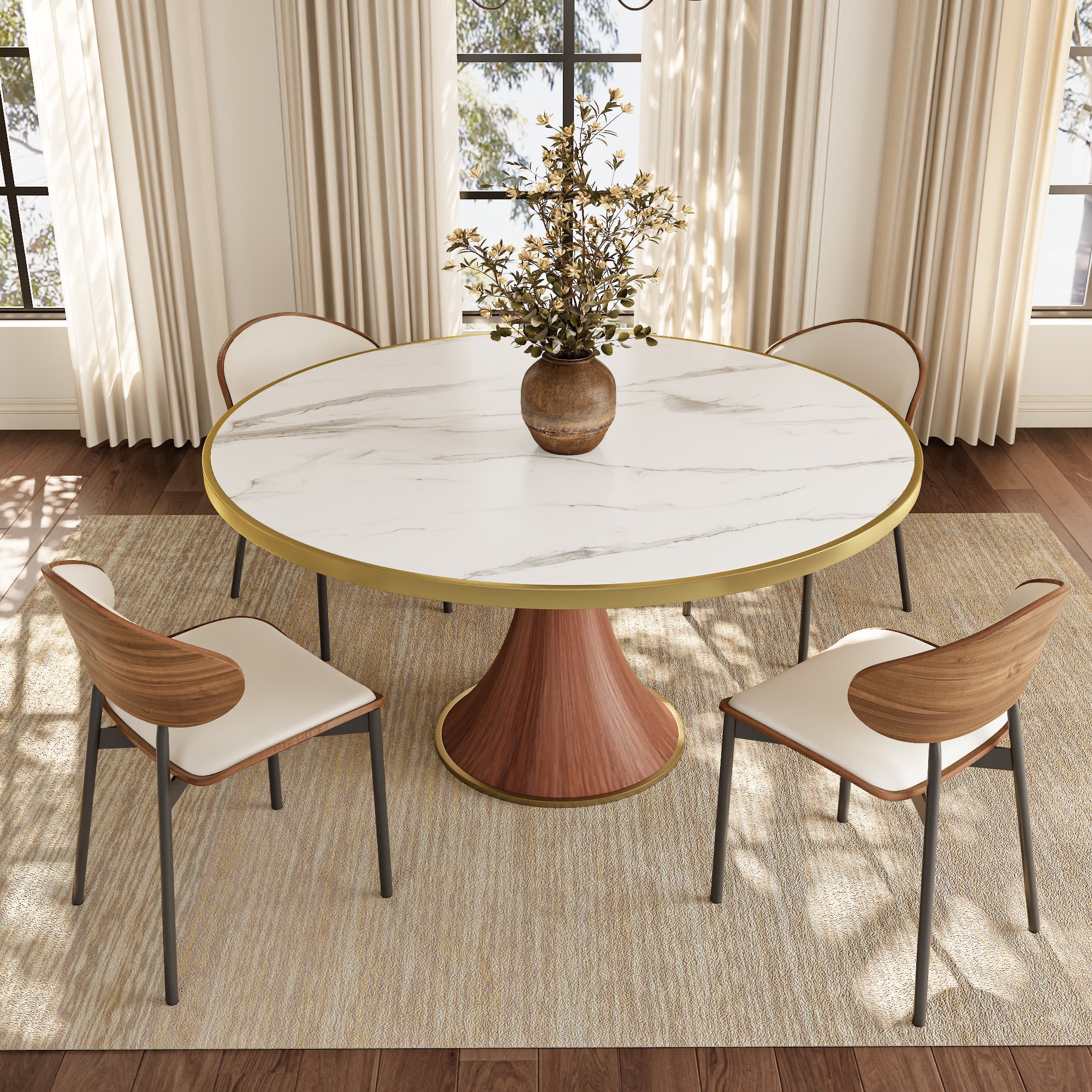 Aurelia Solid Wood Pedestal Round Dining Table With White Glossy Stone Top Brass Trimmed - image 3