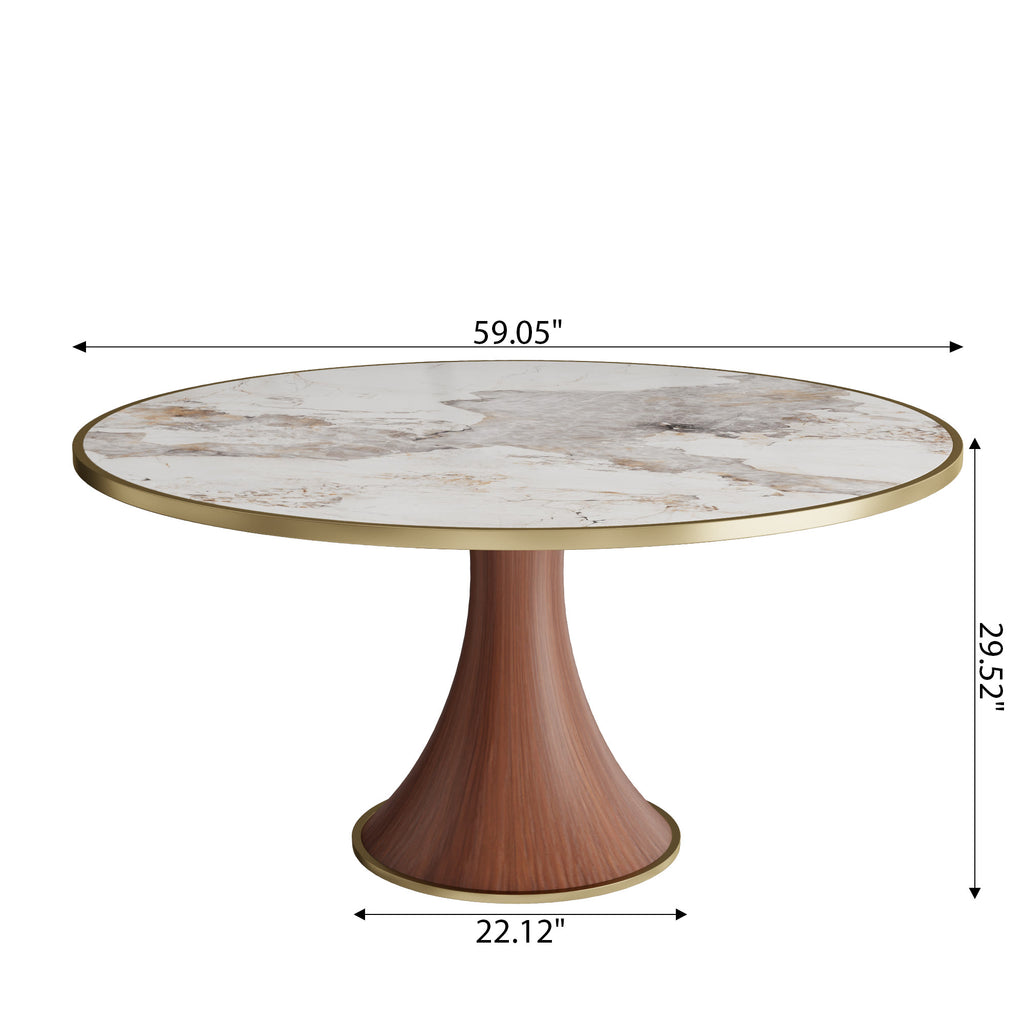 Aurelia Solid Wood Pedestal Round Dining Table With Pandora Glossy Stone Top Brass Trimmed - image 7
