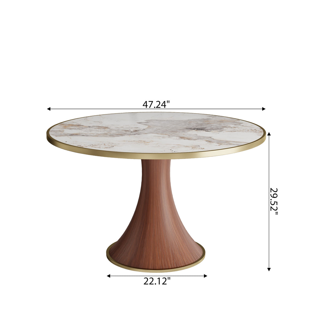 Aurelia Solid Wood Pedestal Round Dining Table With Pandora Glossy Stone Top Brass Trimmed - image 5
