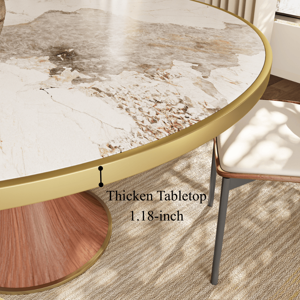 Aurelia Solid Wood Pedestal Round Dining Table With Pandora Glossy Stone Top Brass Trimmed - image 2