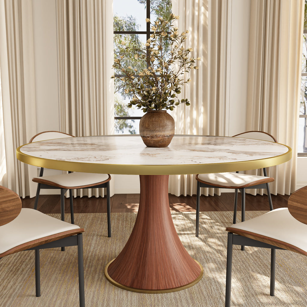 Aurelia Solid Wood Pedestal Round Dining Table With Pandora Glossy Stone Top Brass Trimmed - 59.05'' W X 59.05'' D X 29.53'' H - image 0
