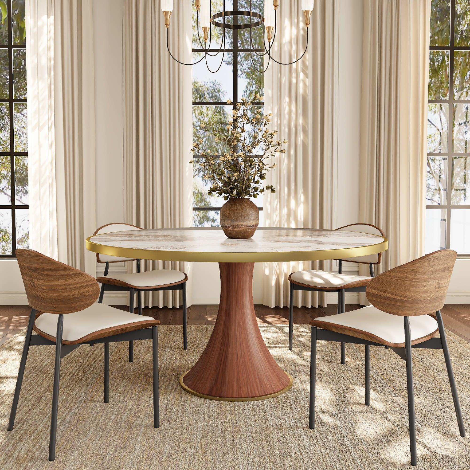 Aurelia Solid Wood Pedestal Round Dining Table With Pandora Glossy Stone Top Brass Trimmed - image 4