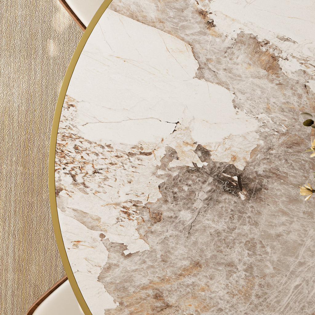 Aurelia Solid Wood Pedestal Round Dining Table With Pandora Glossy Stone Top Brass Trimmed - image 8